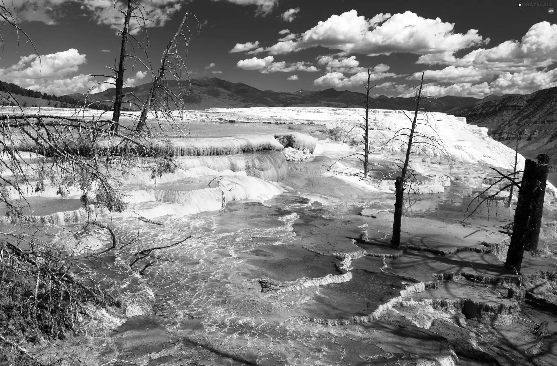 cascade, Mountains, clouds