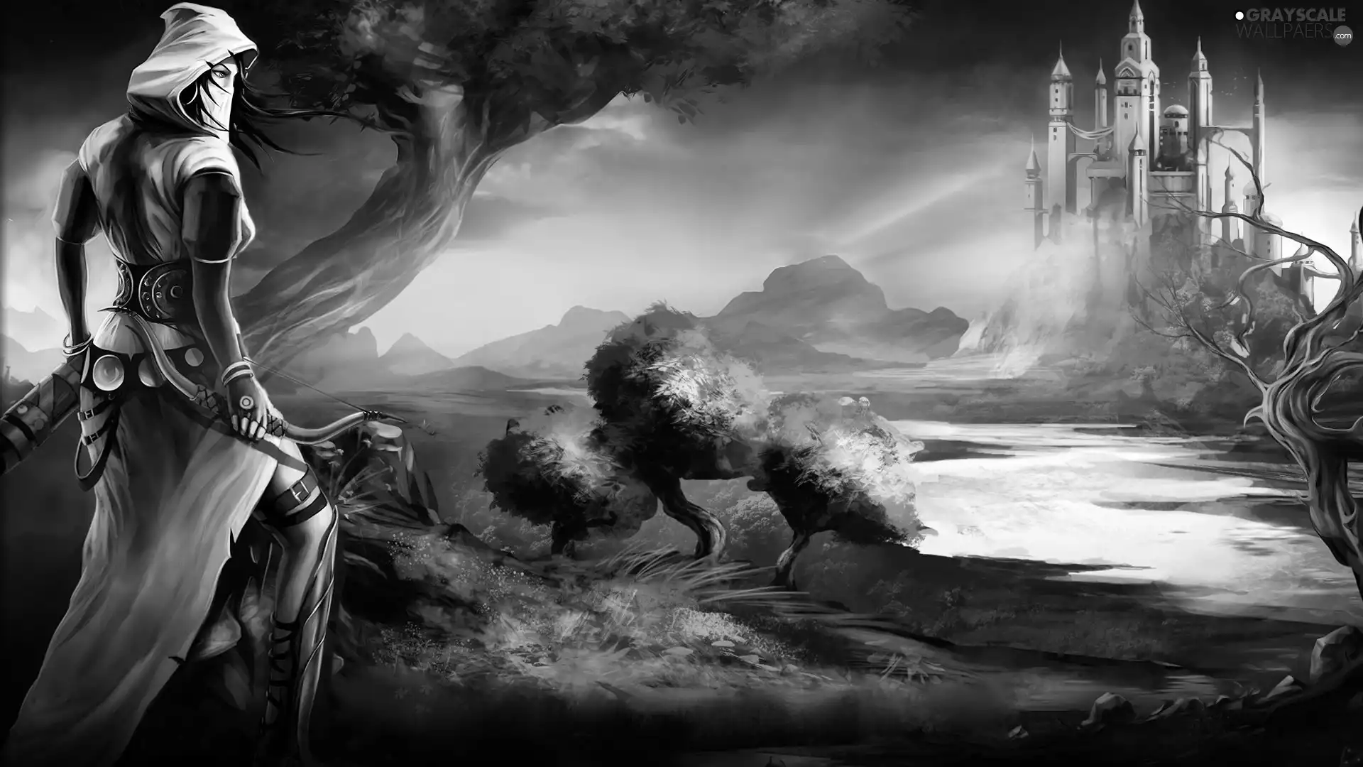 trees, Women, Castle, graphics, viewes, Bow