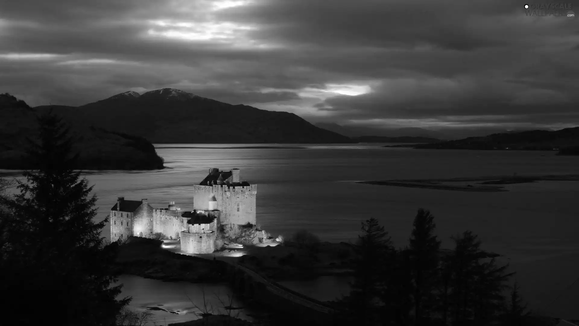 lake, Floodlit, Castle, Mountains