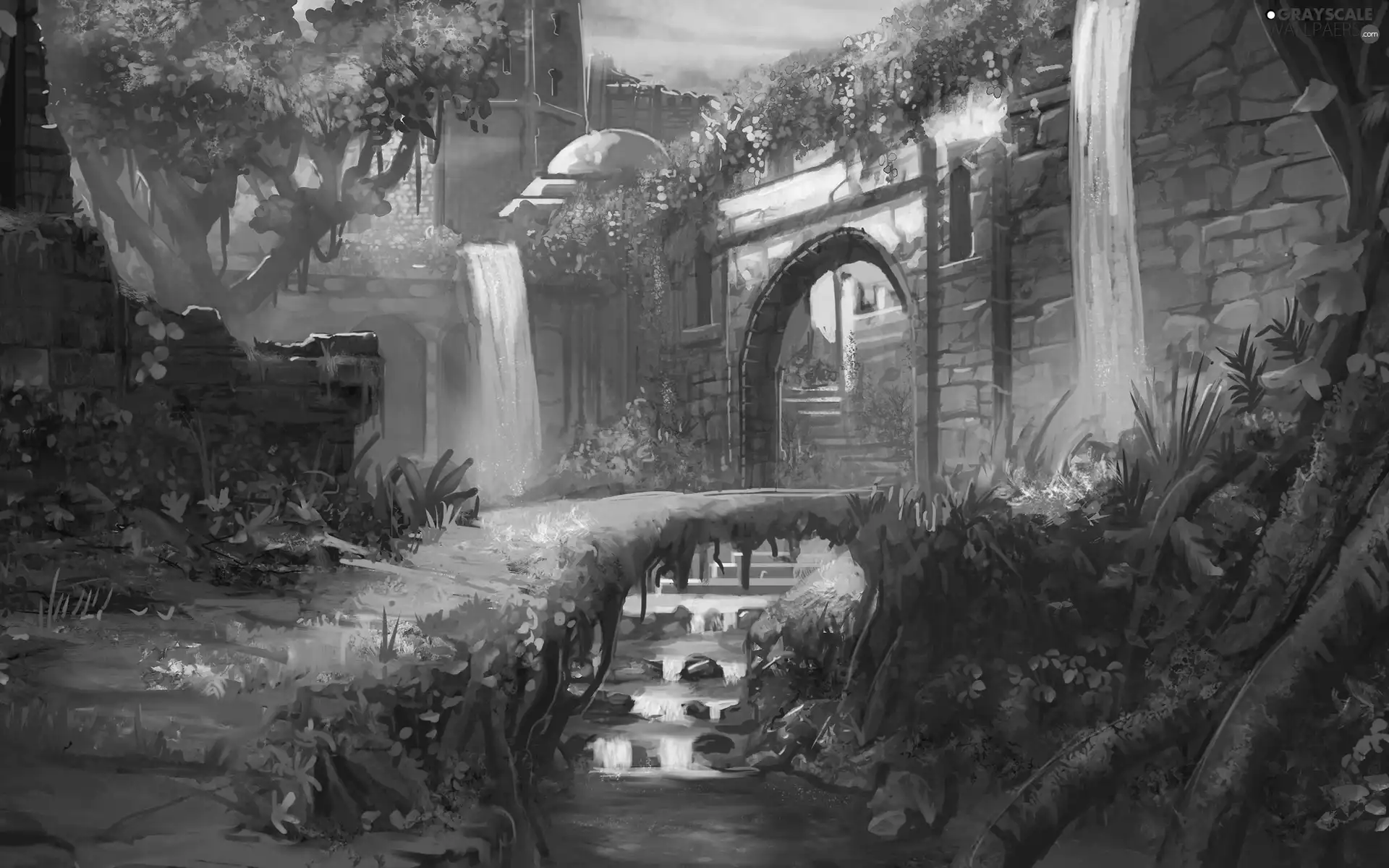 castle, brook, ruins