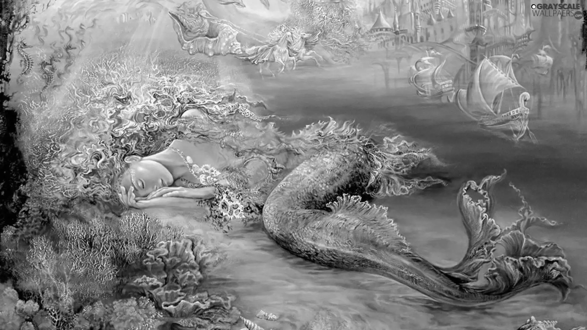 Women, water, Castle, mermaid