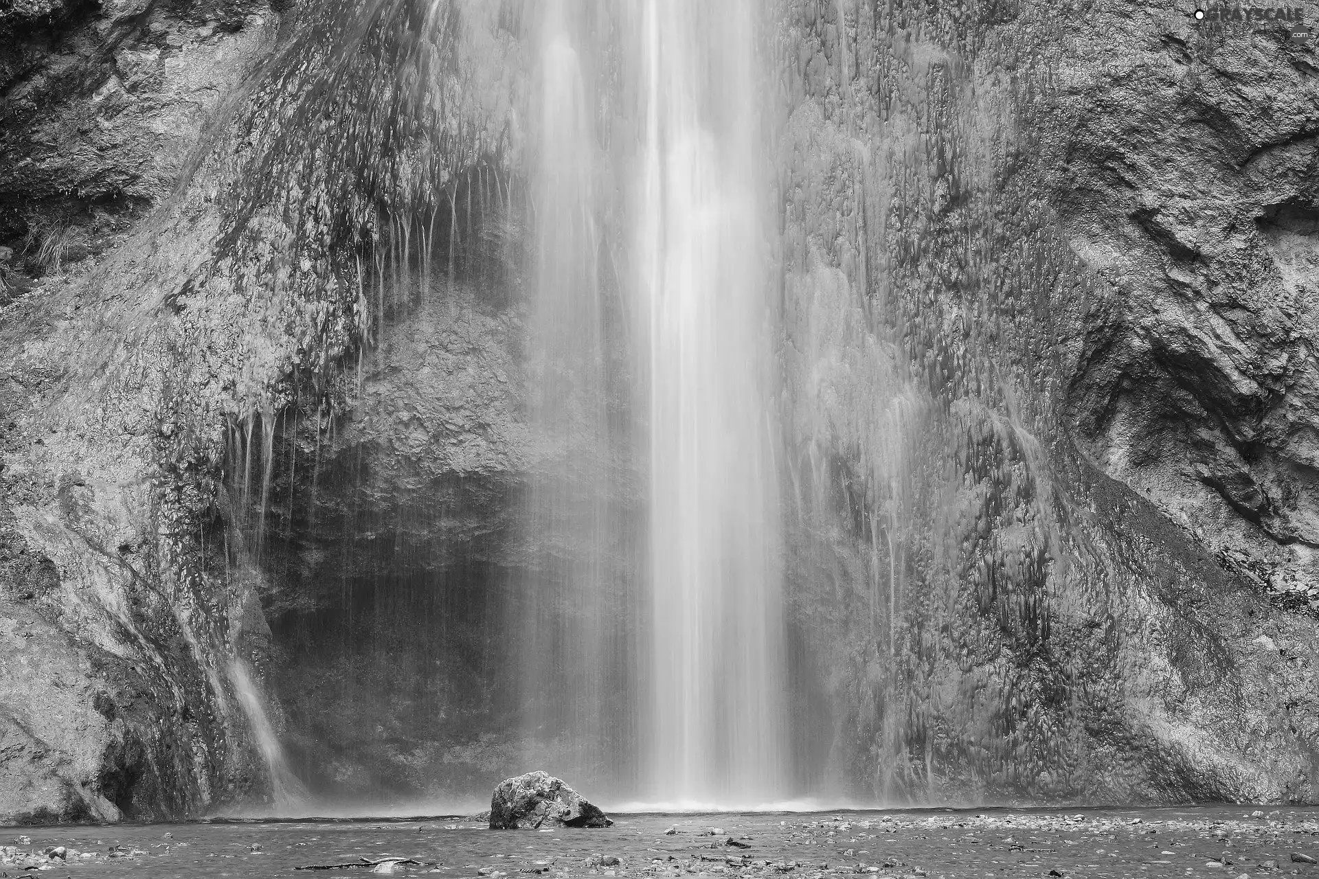 cave, waterfall, rocks