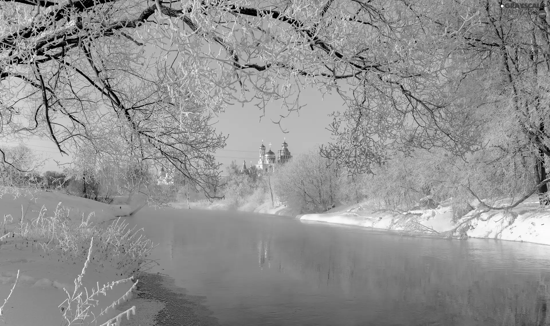 viewes, Cerkiew, River, trees, winter