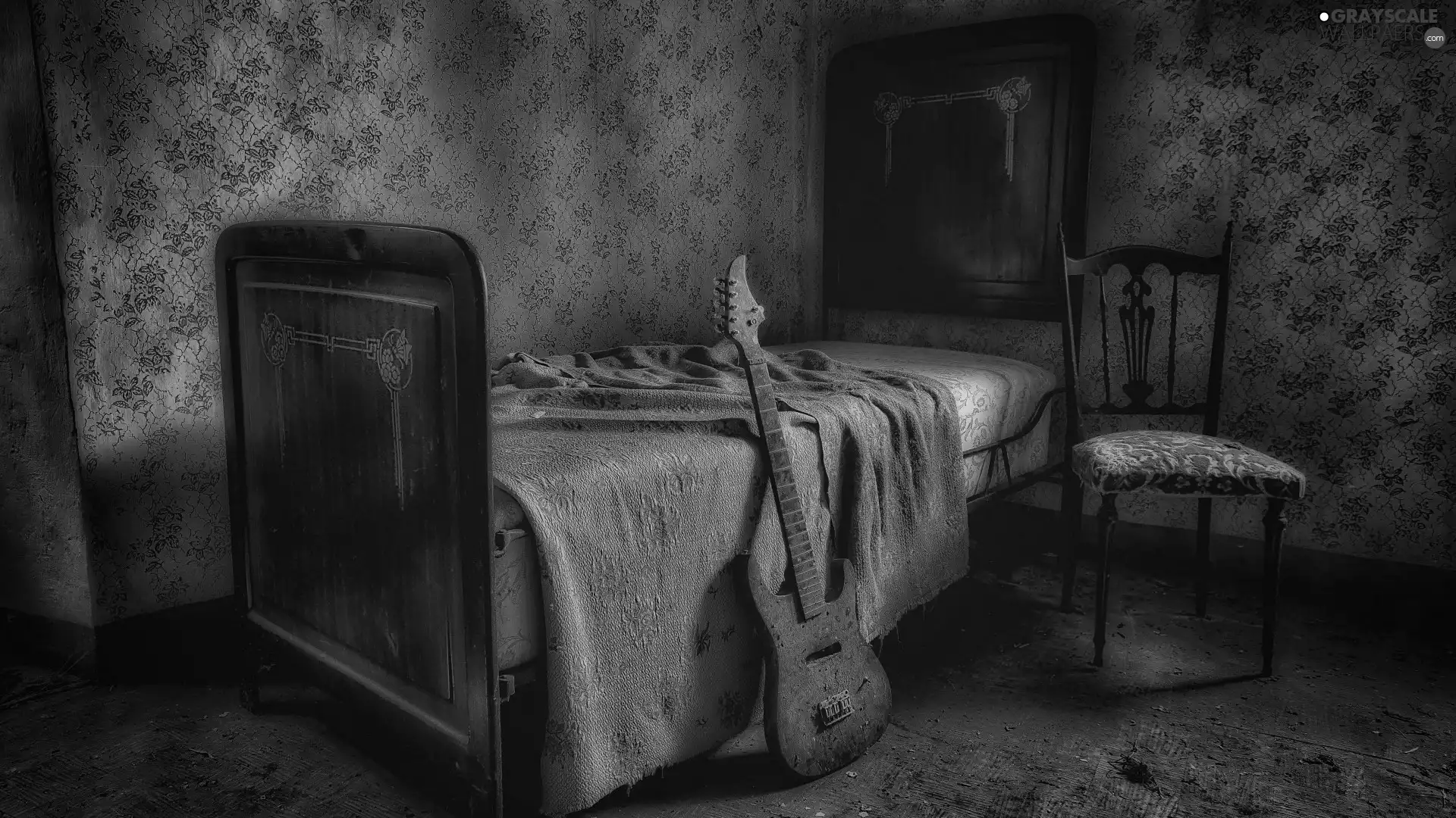 Guitar, Chair, Room, White Bed, Neglected
