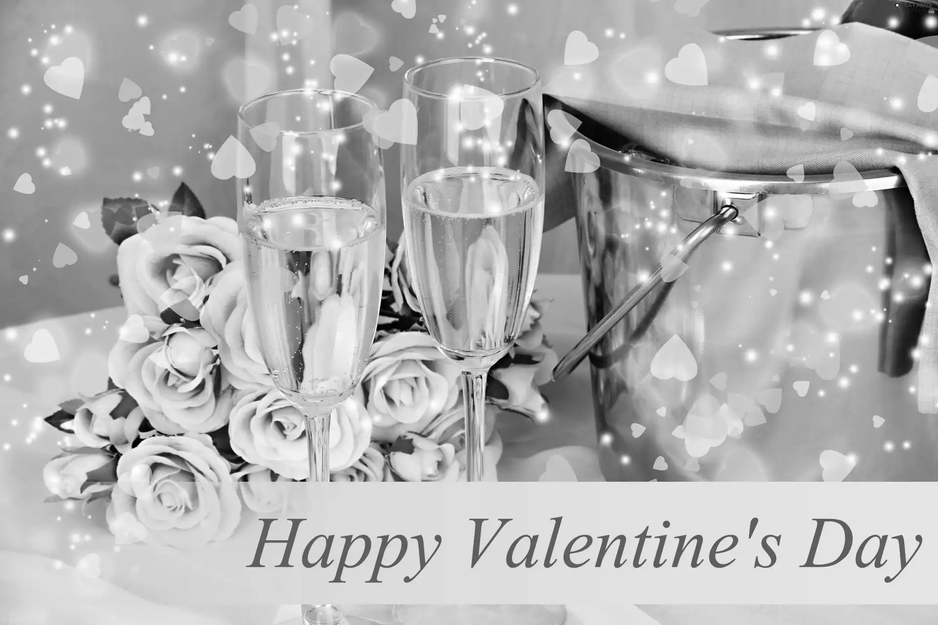 hearts, Champagne, bouquet, Valentine