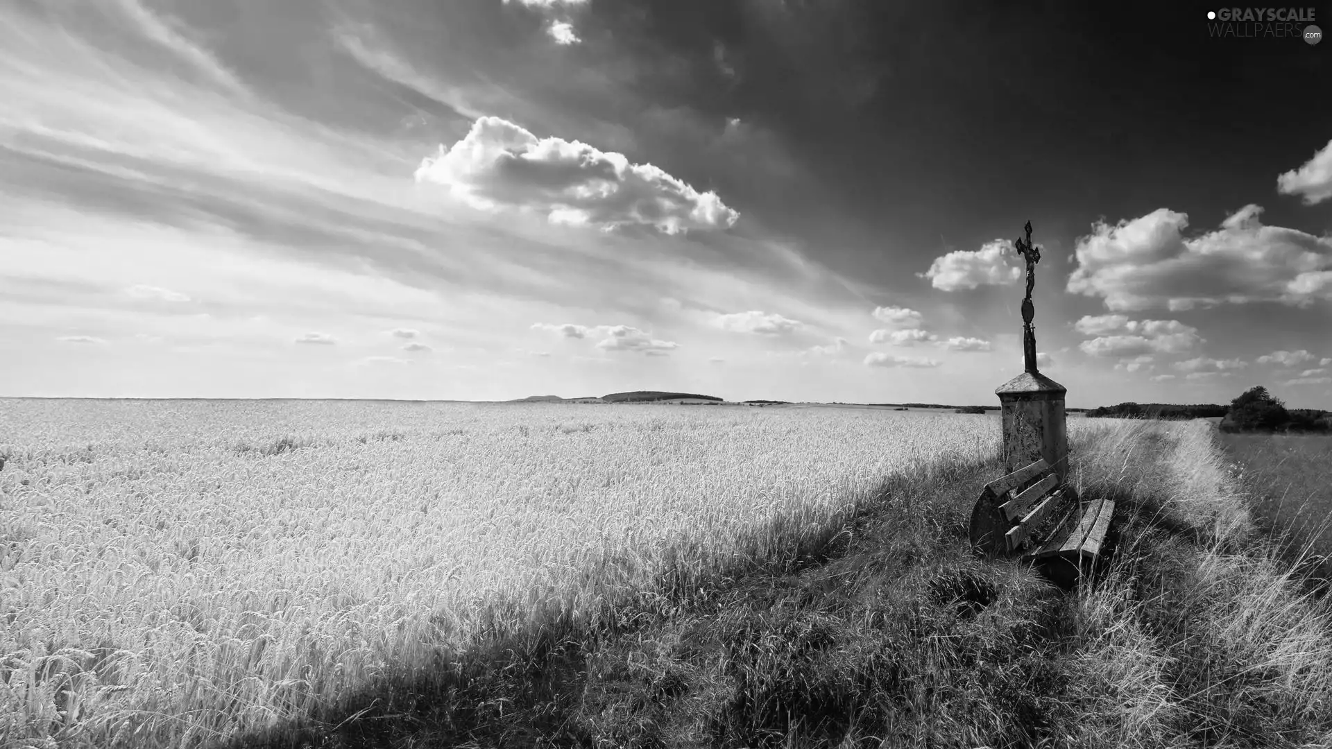 chapel, Bench, clouds, Path, Field