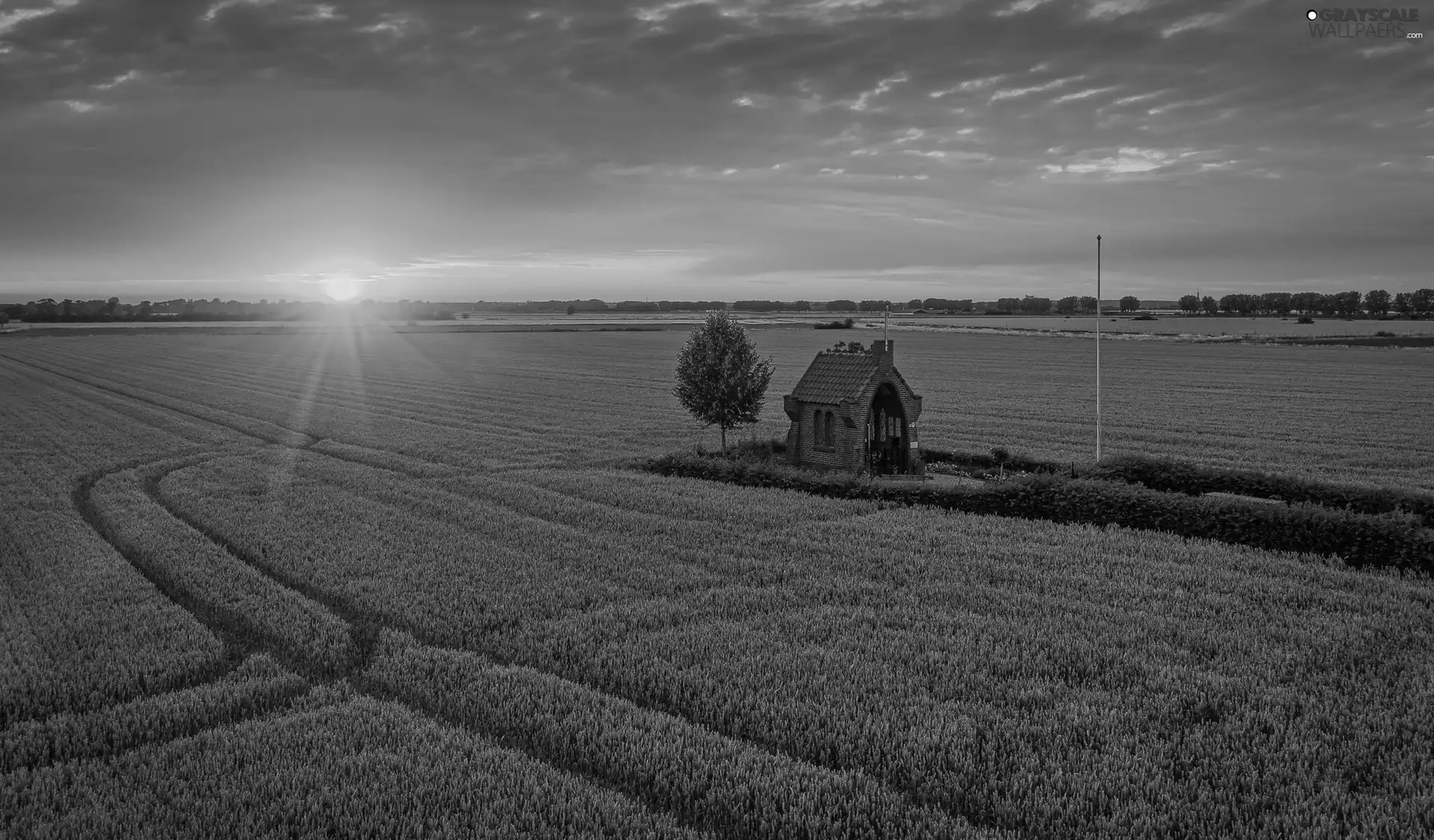 Great Sunsets, clouds, chapel, trees, Field