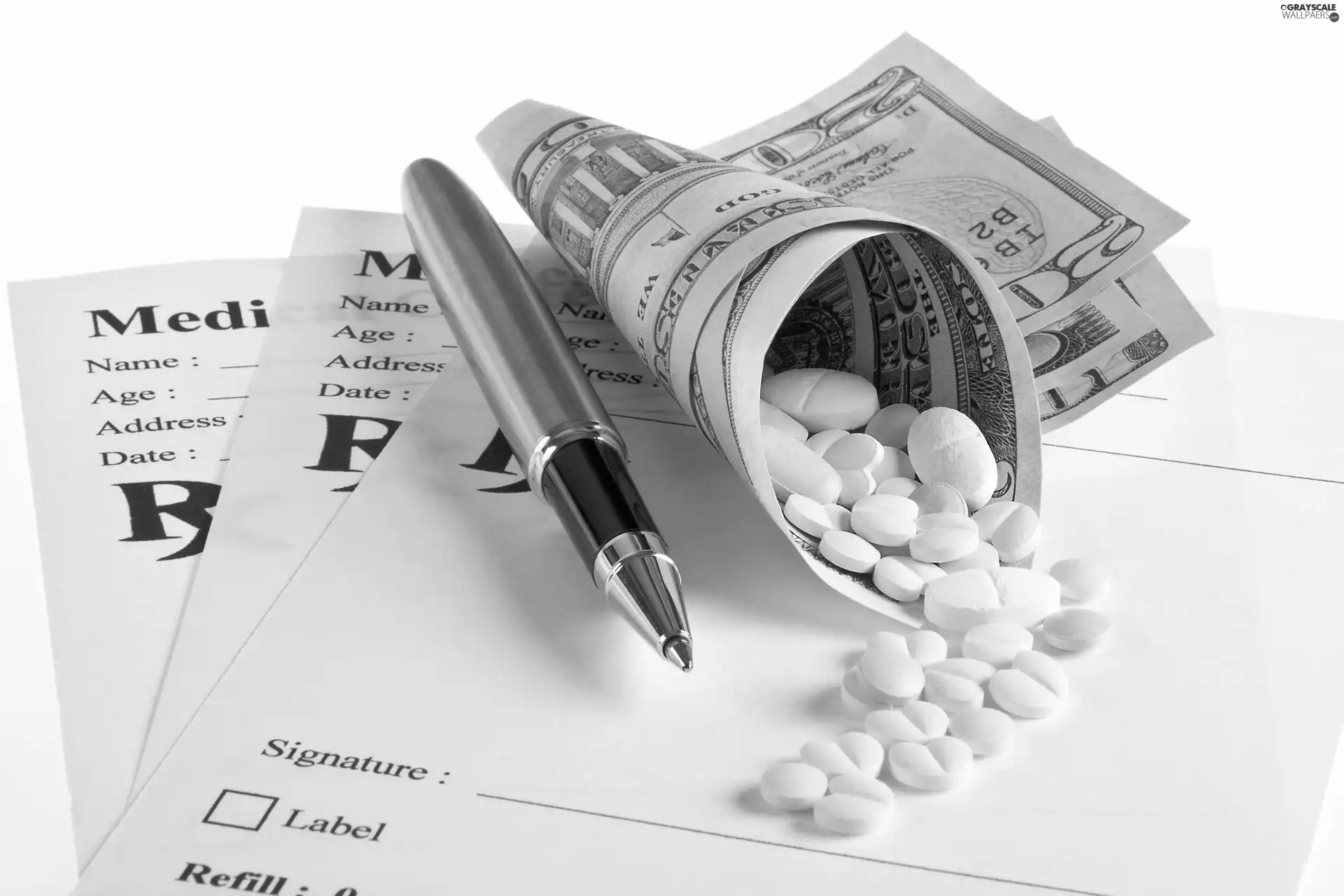 Prescriptions, pen, chemicals, money