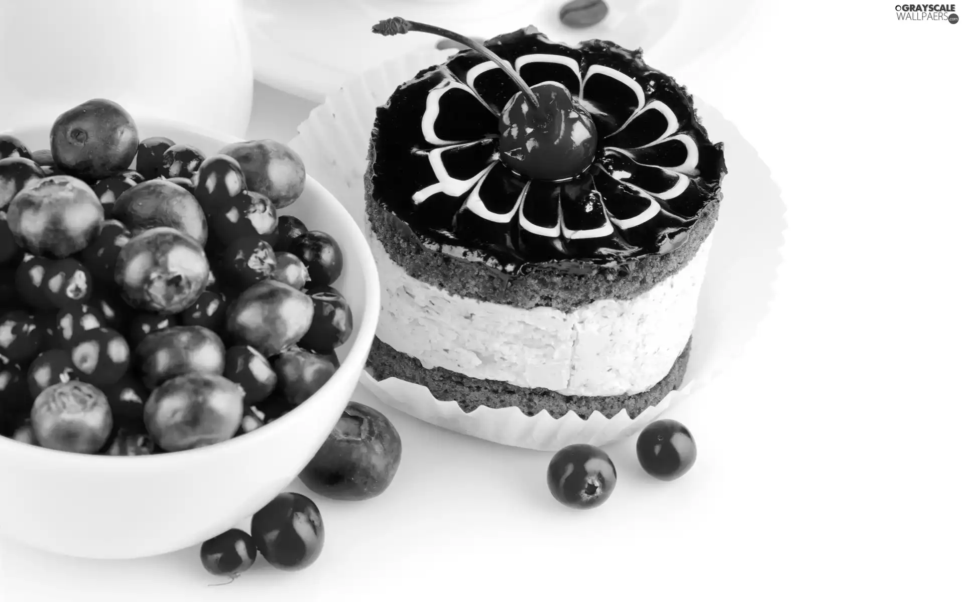 cherries, cake, blueberries