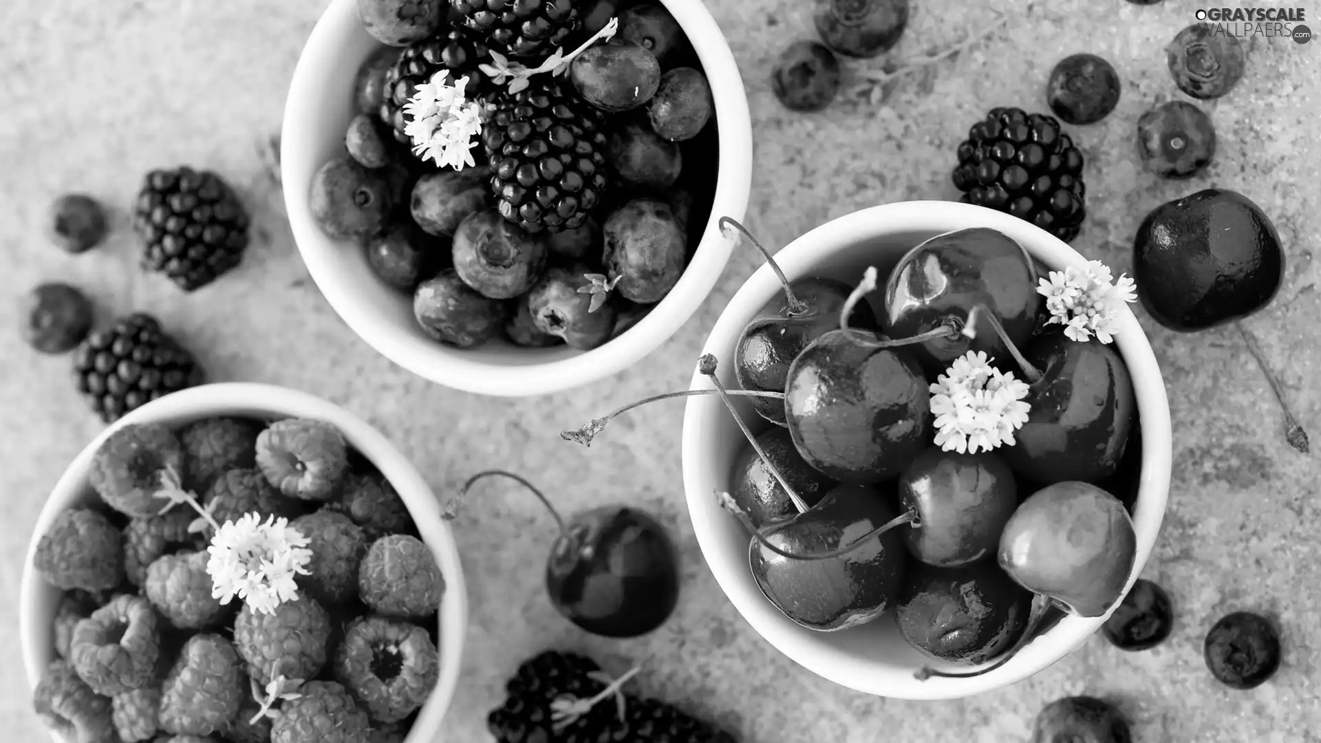cherries, Bowls, blueberries, blackberries, raspberries