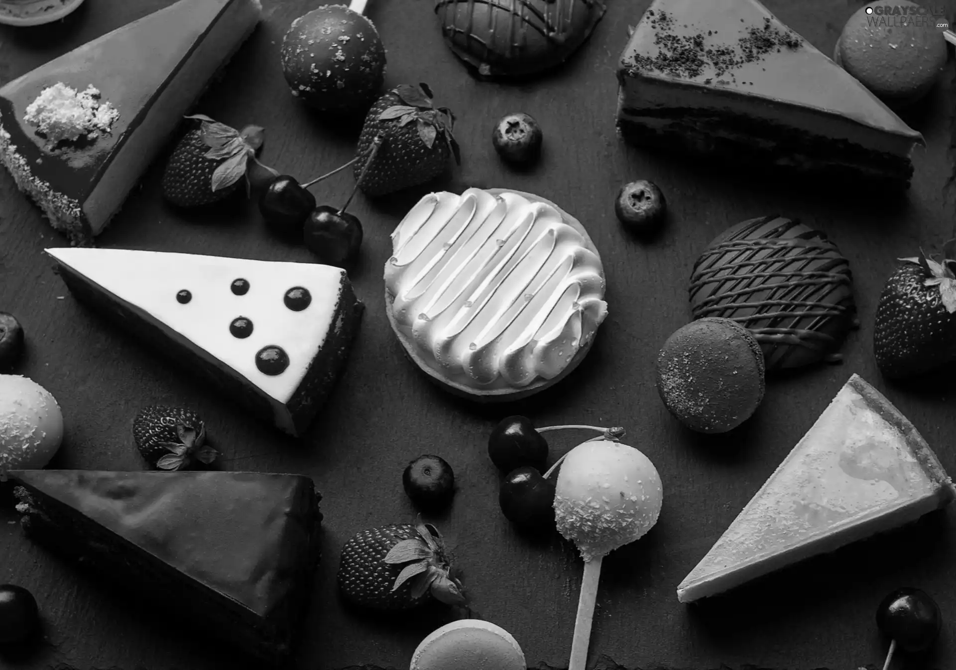 cake, strawberries, cherries, Cookies