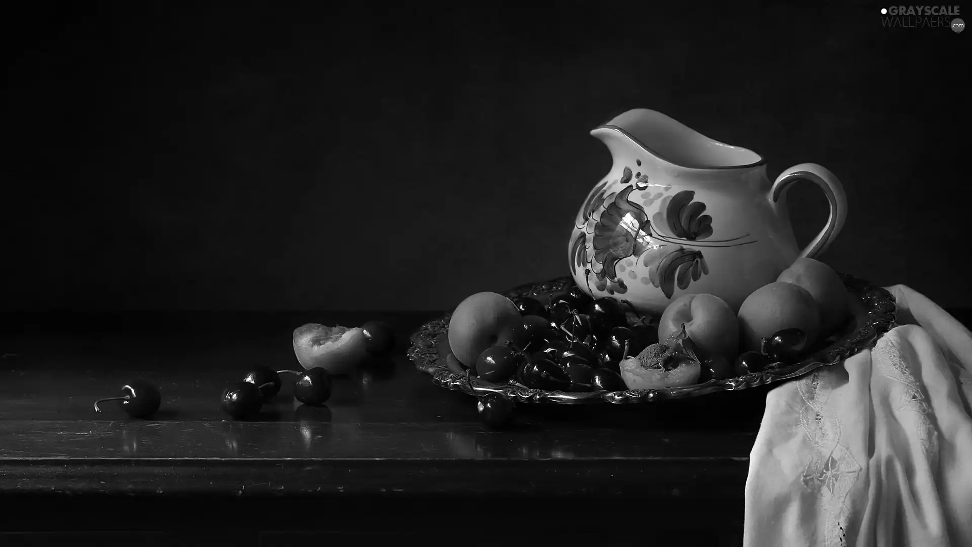 apricots, jug, tablecloth, cherries, composition, Fruits, plate