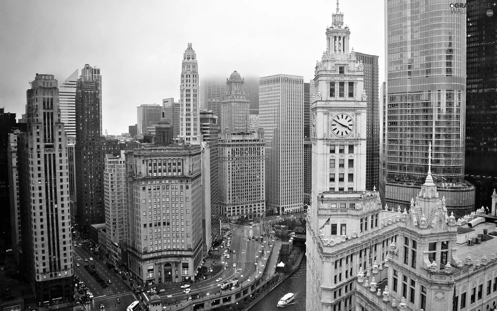 Streets, skyscrapers, Chicago, USA, River, clouds