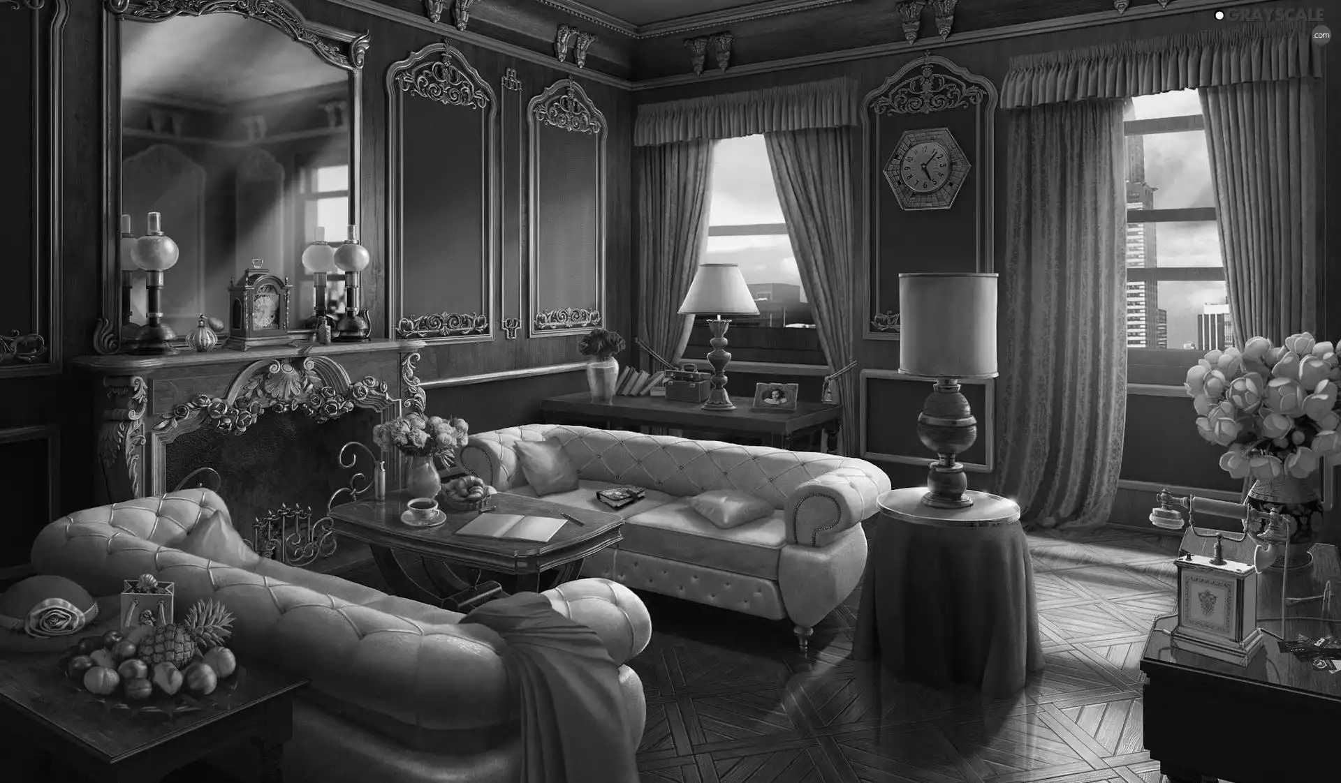 Mirror, Sofas, Flowers, table, Room, Lamps, burner chimney