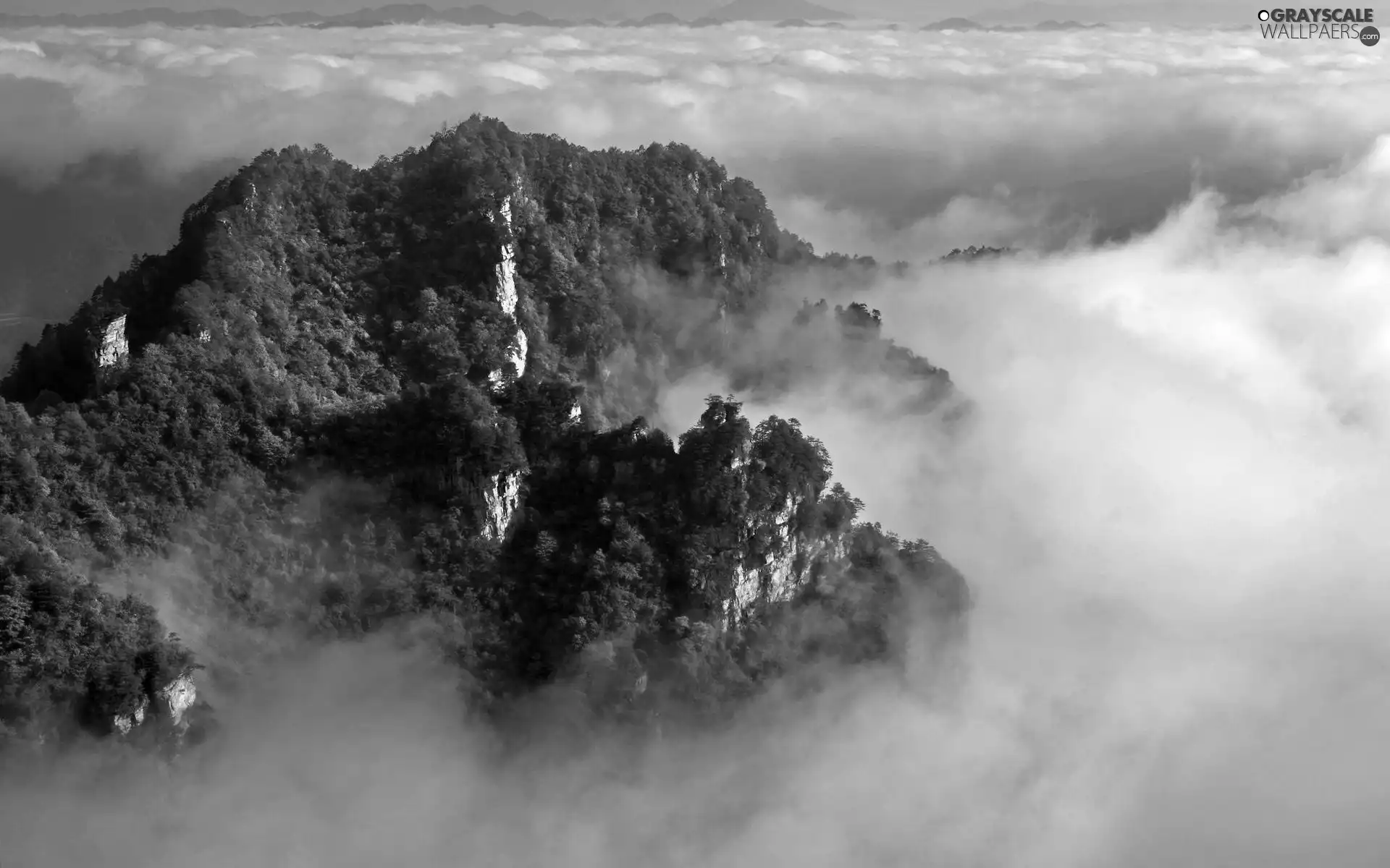 mountains, forest, China, clouds