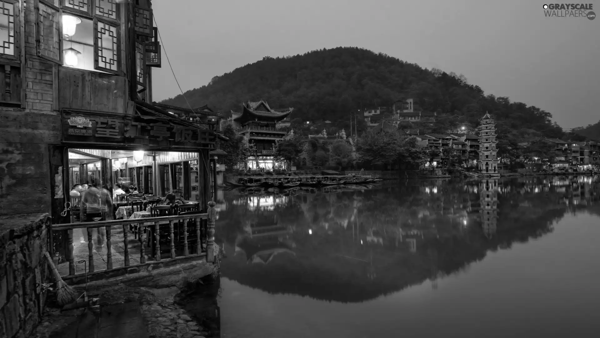 Restaurant, mountains, China, River