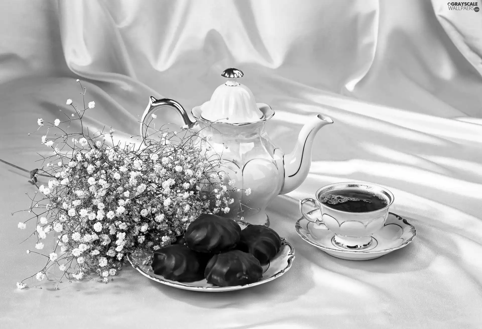 chocolate, Cookies, tea, Flowers, china