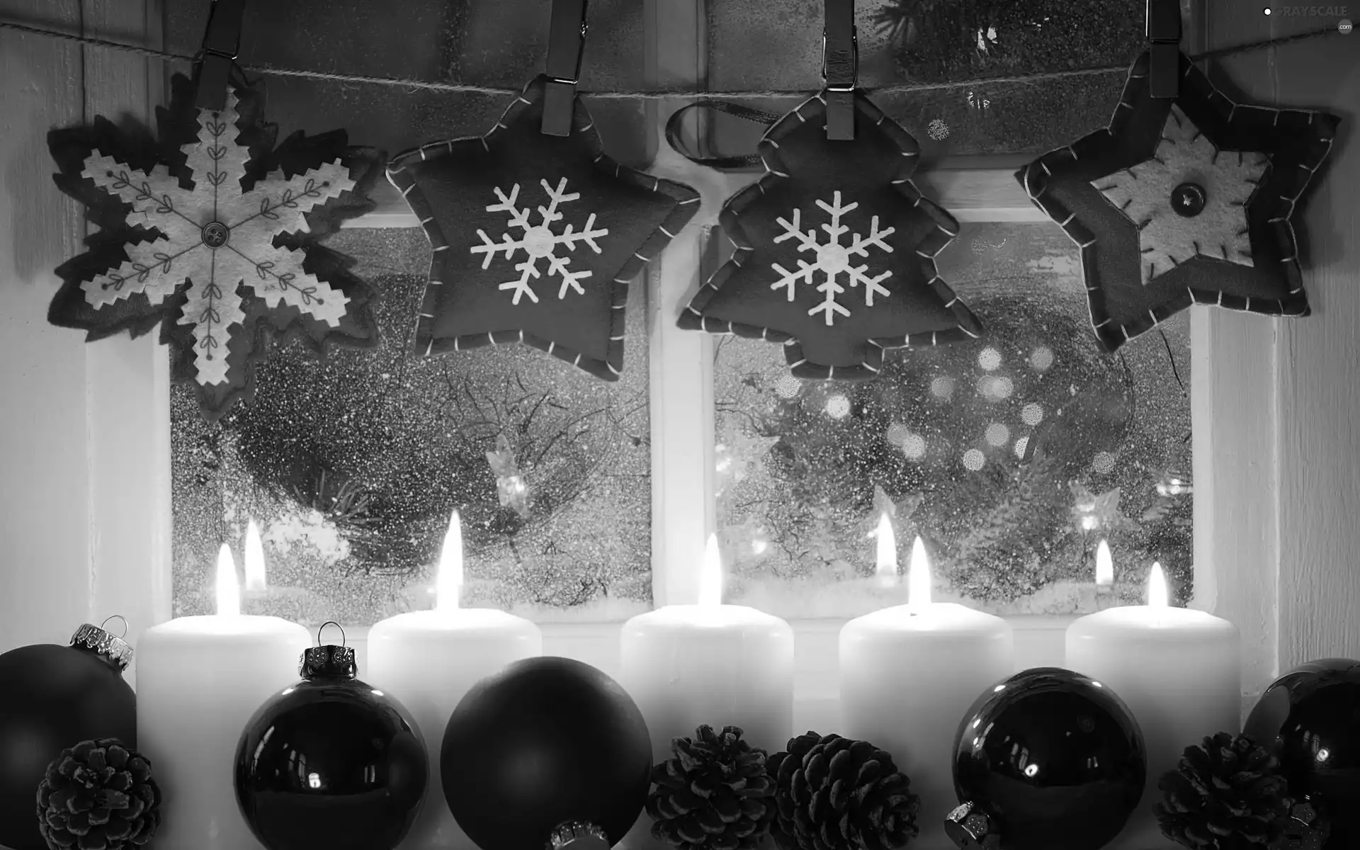 Candles, baubles, christmas, White, Red, Window, decoration