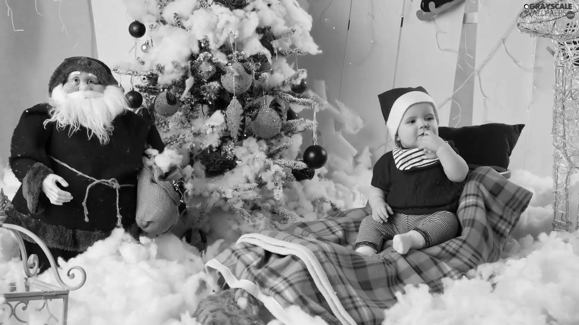 christmas tree, Santa, Blanket, cat, sledge, Kid