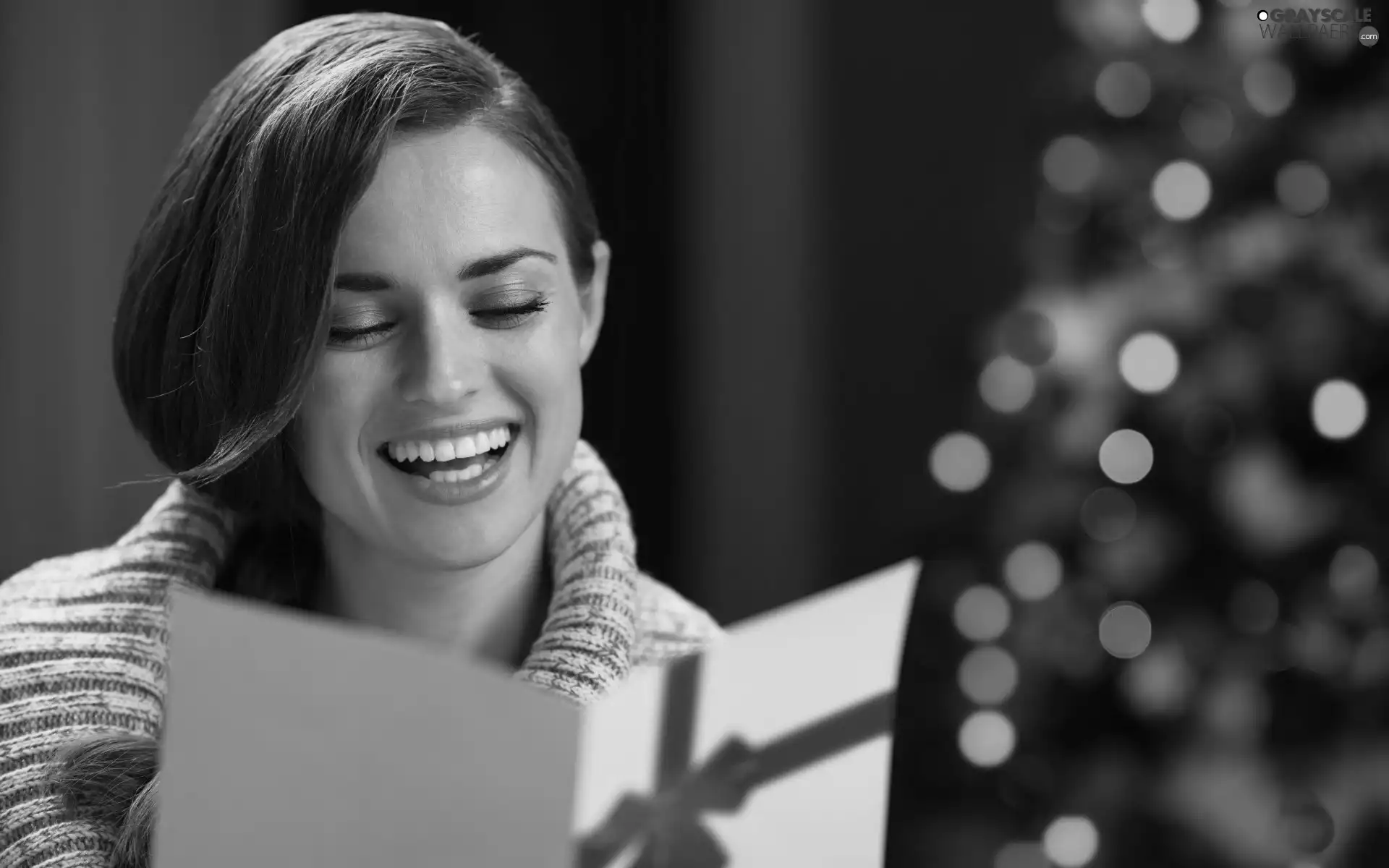 christmas tree, card, girl, illuminated, smiling