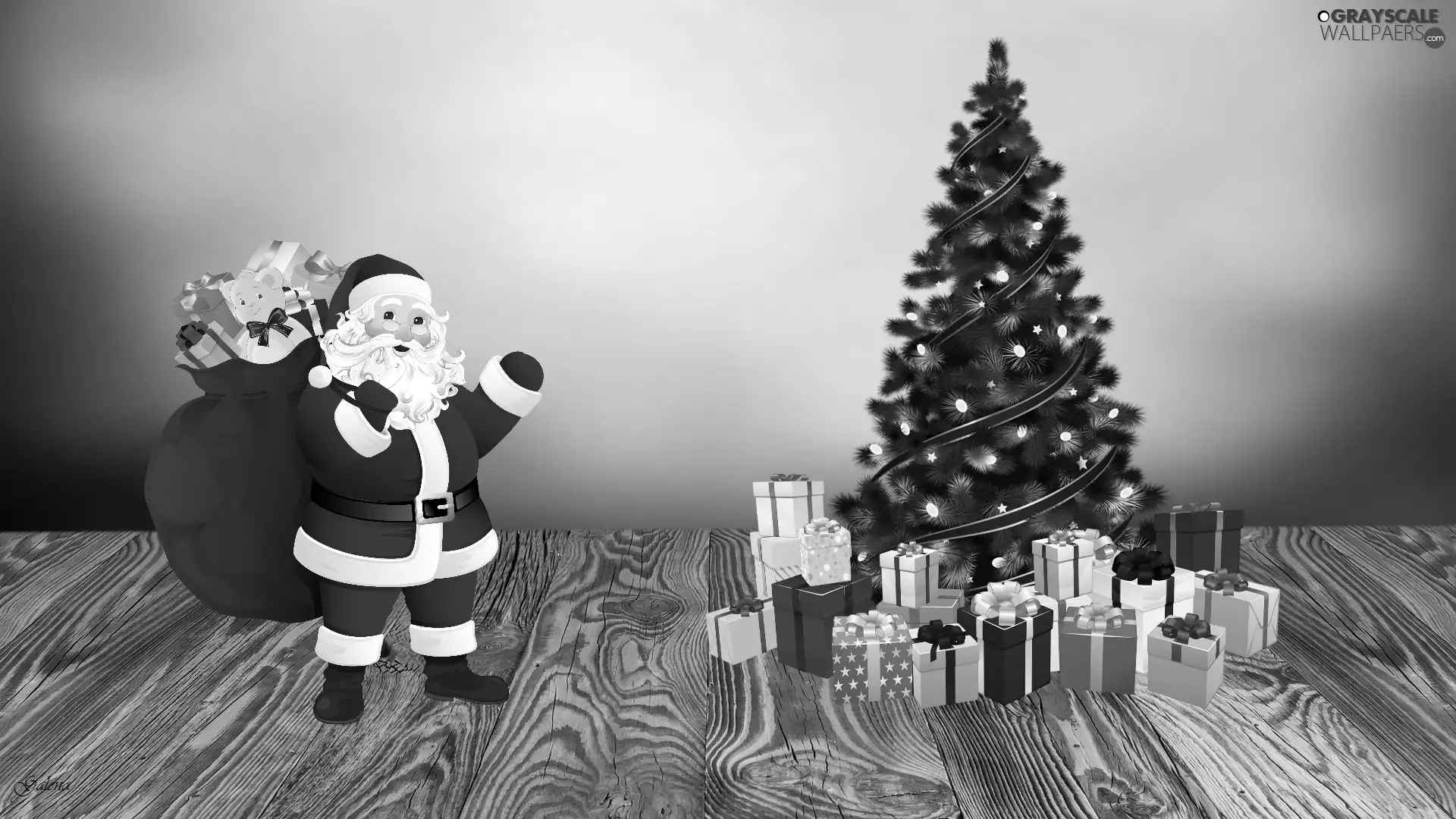Christmas, 2D Graphics, gifts, christmas tree, Santa
