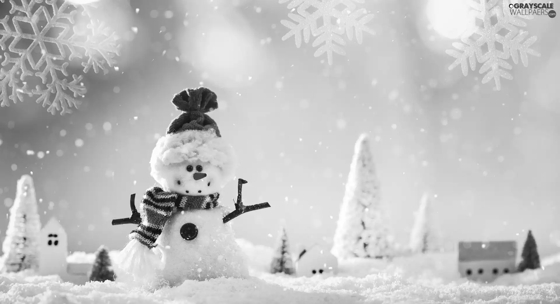 Snowman, decoration, Christmas, Houses, winter, Christmas