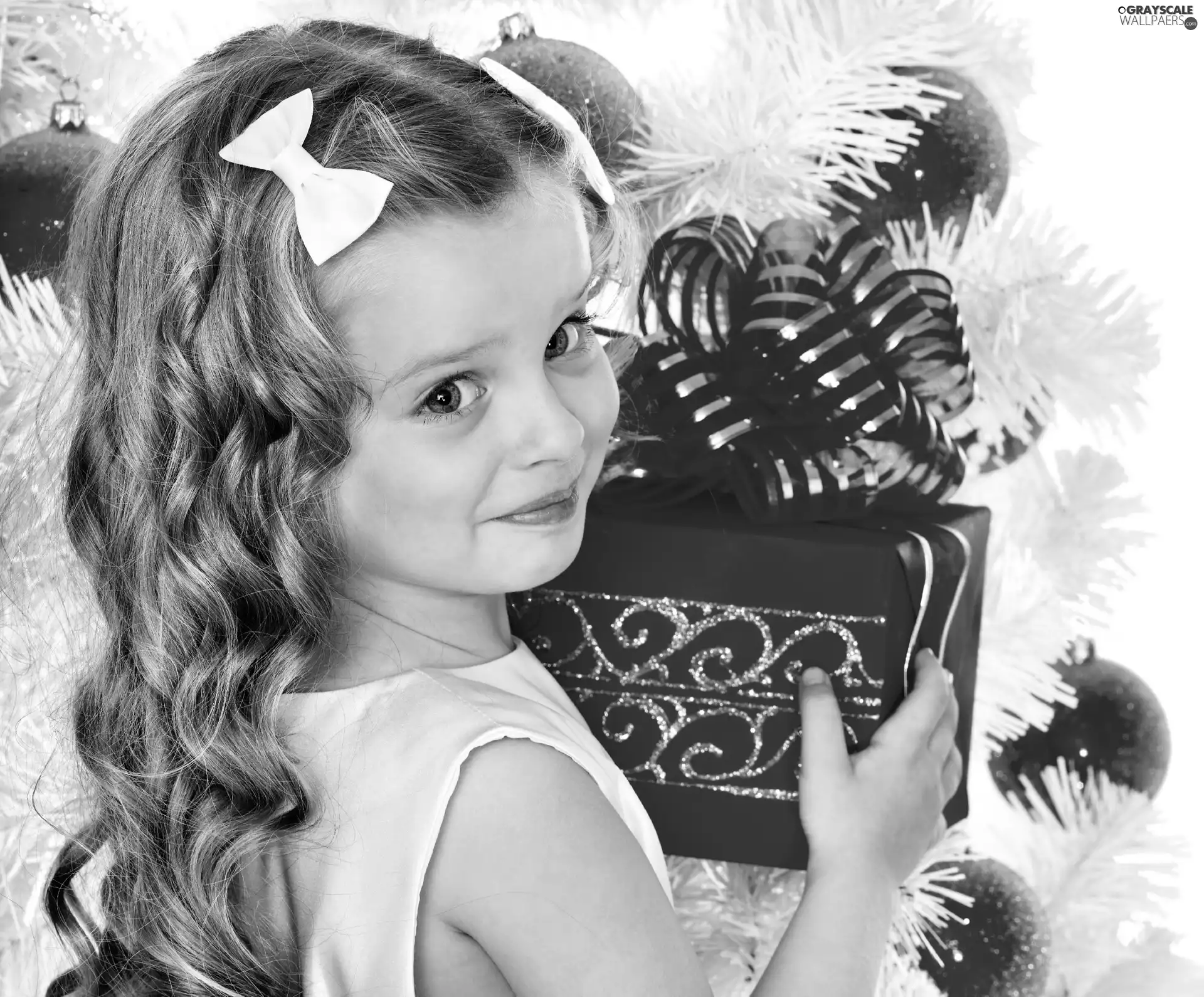 small, Present, christmas tree, girl