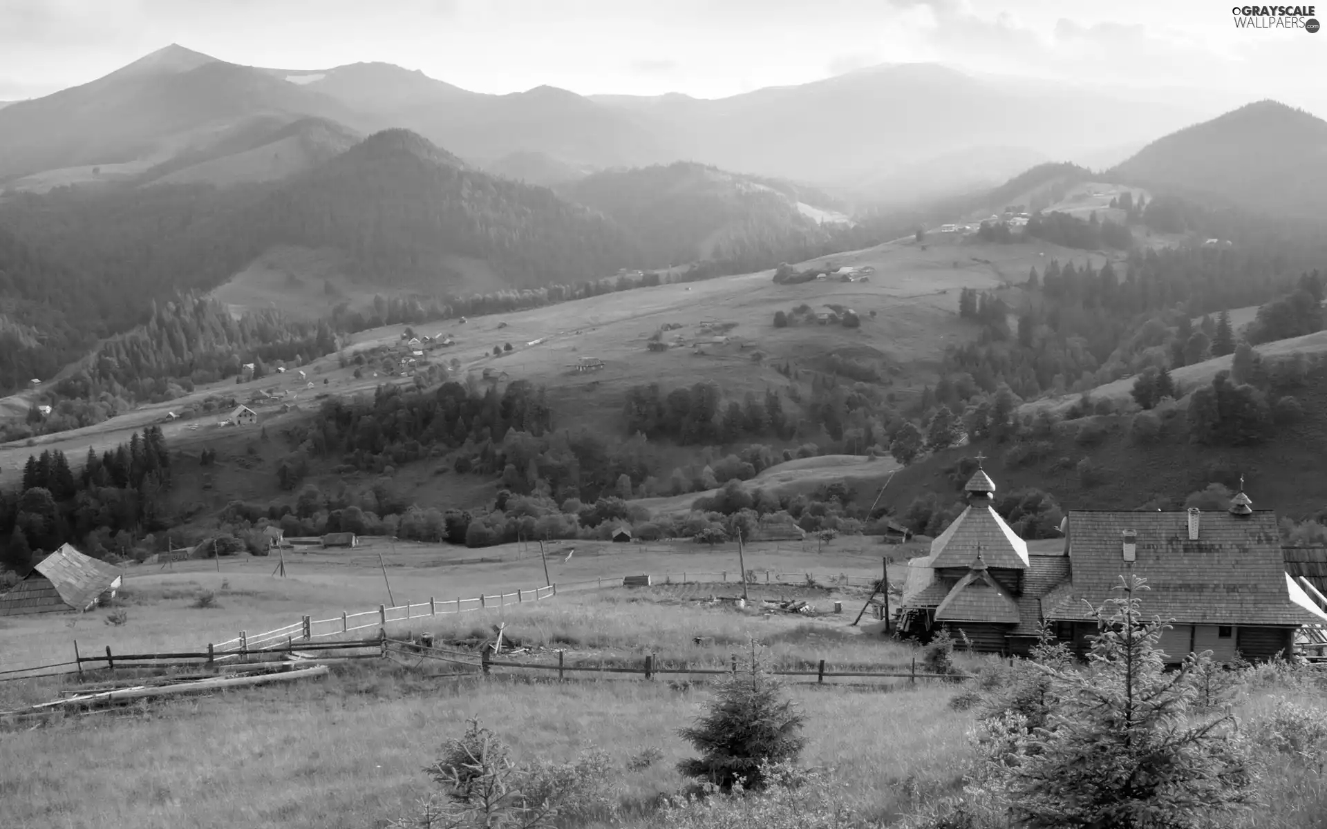 church, autumn, woods, field, Mountains