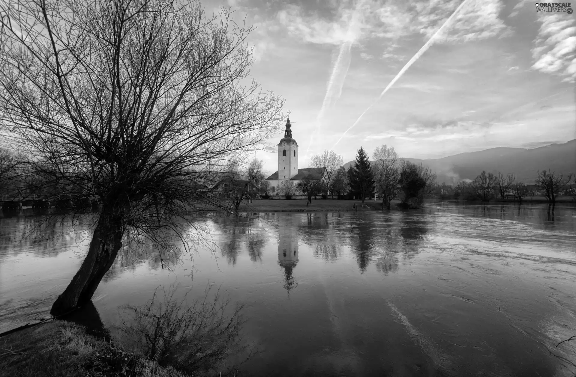 River, viewes, Church, trees