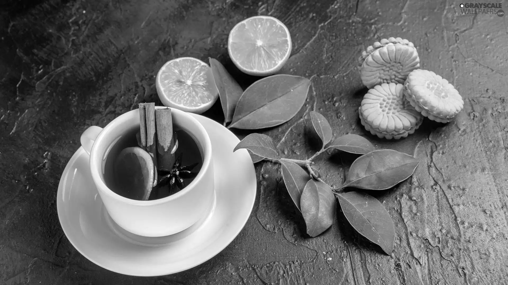 Lemon, cup, Cookies, cinnamon, tea, Leaf, composition