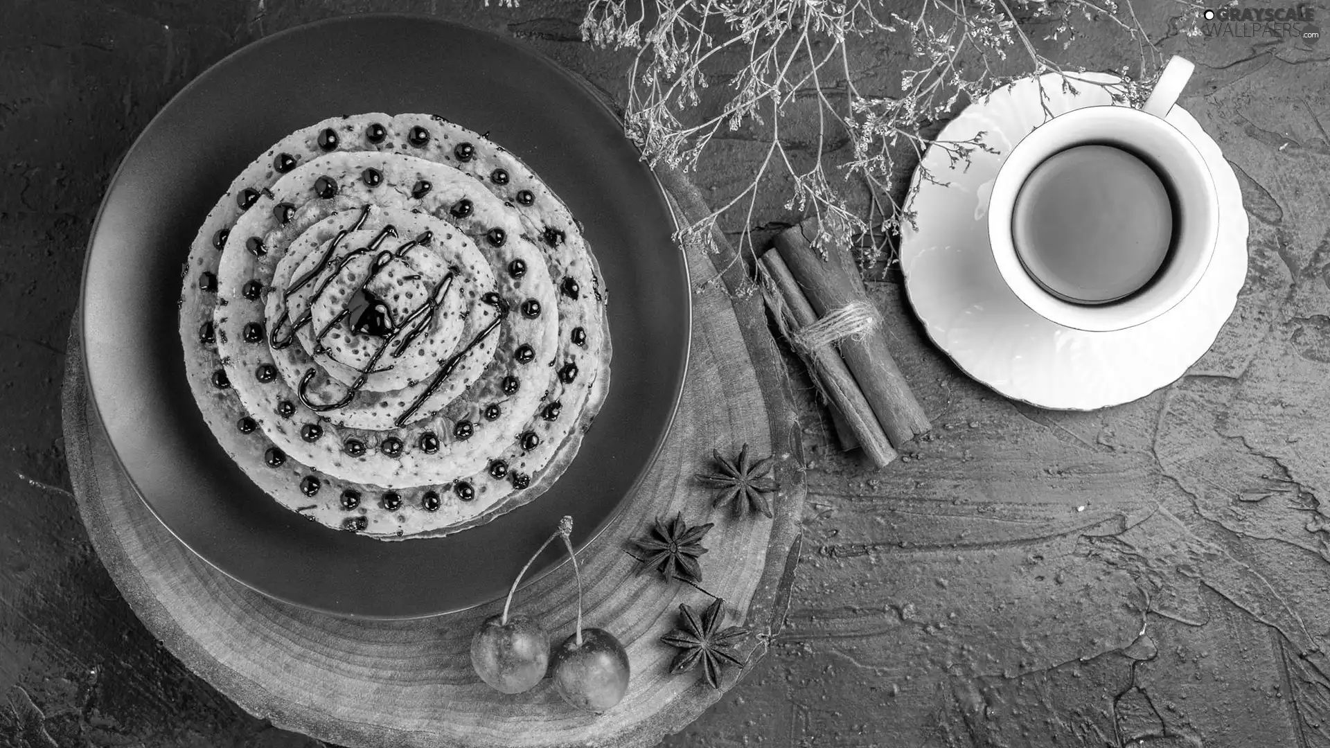 cherries, anise, cup, Wood, coffee, plate, pancakes, cinnamon