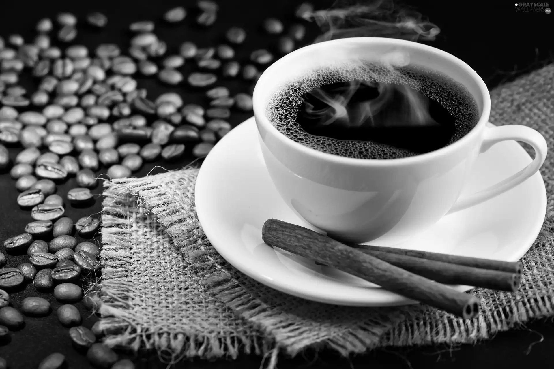 cup, coffee, linen, cinnamon, grains, White