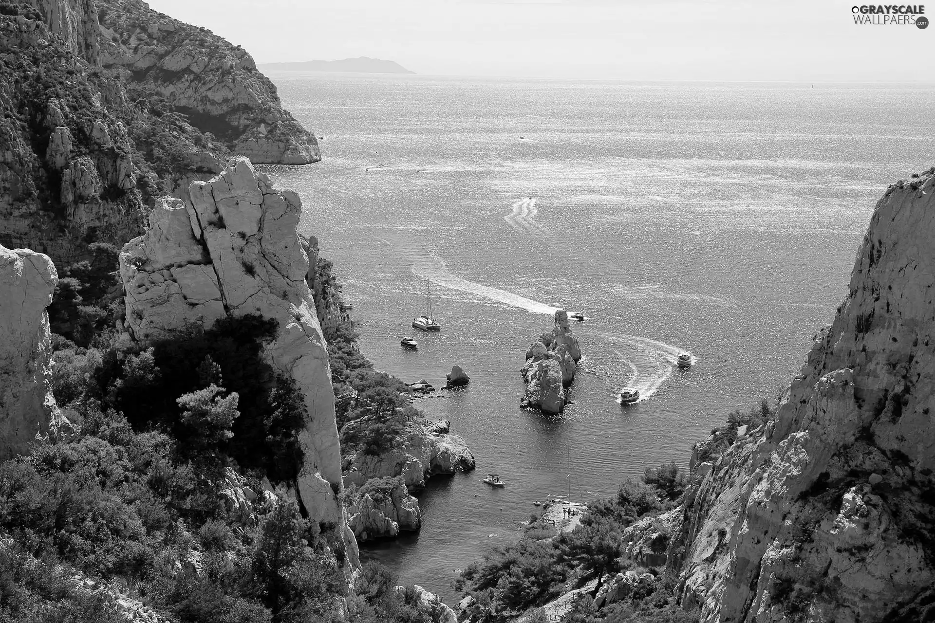Boats, sea, Cliff coast