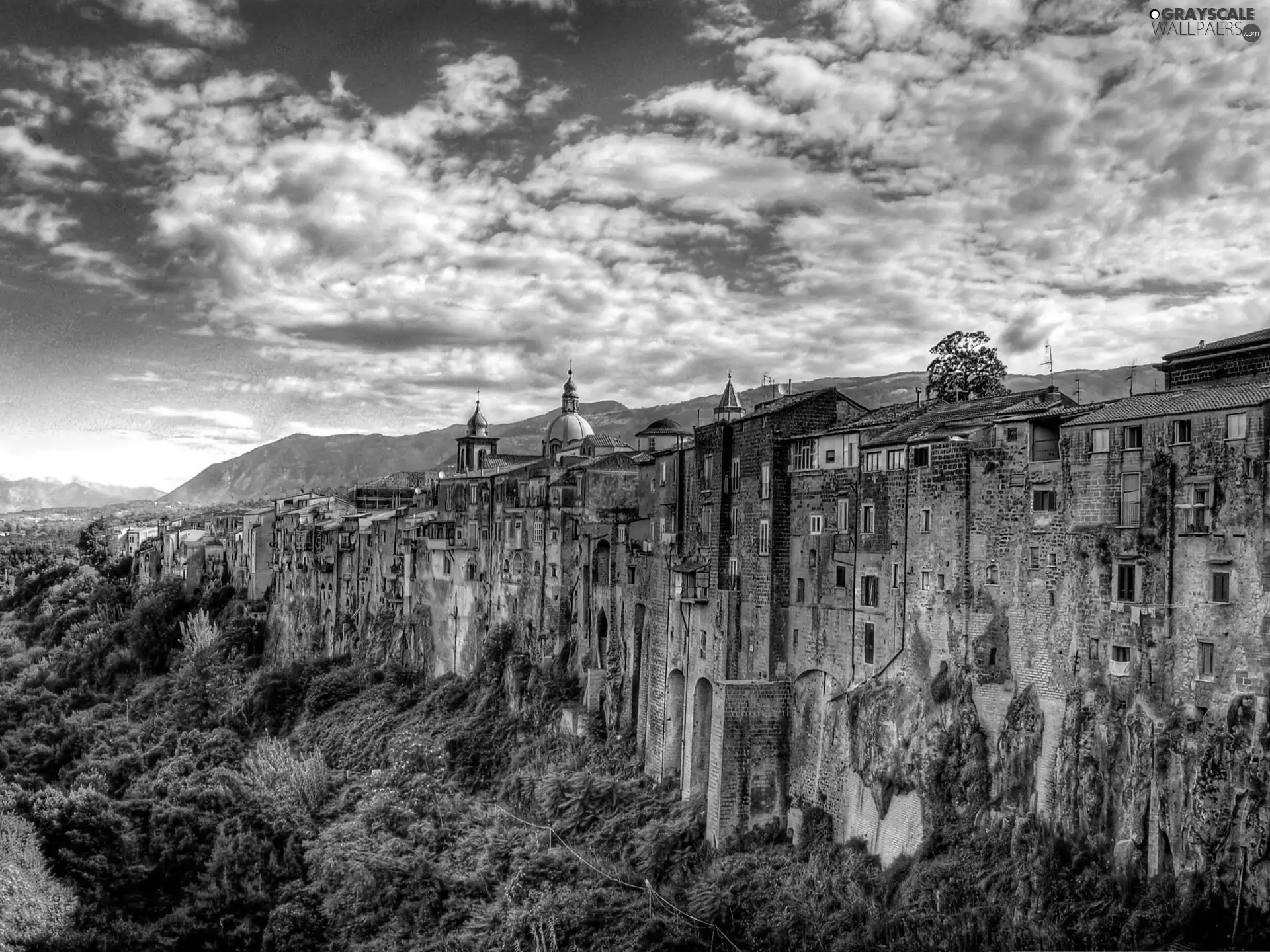 destroyed, clouds, cliff, buildings