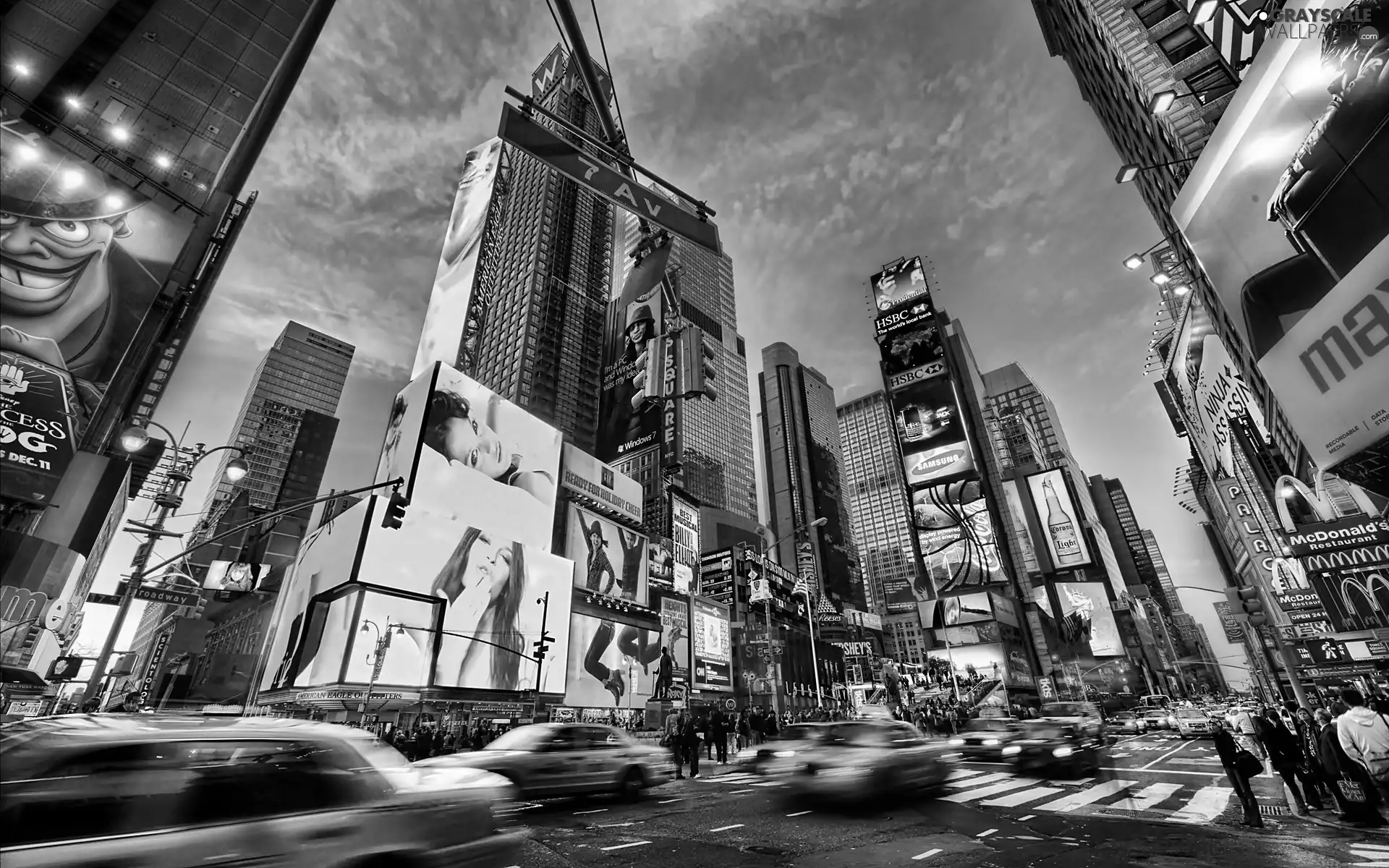 clouds, advertising, 7 Avenue, skyscrapers, Manhattan