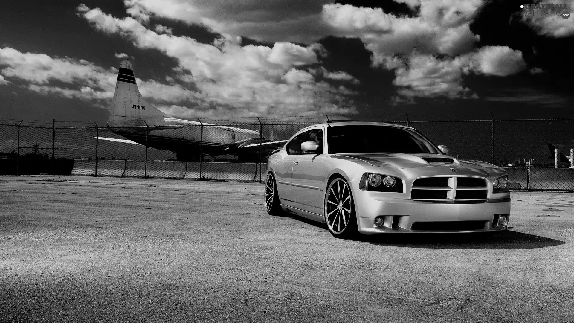 Automobile, airport, clouds, plane