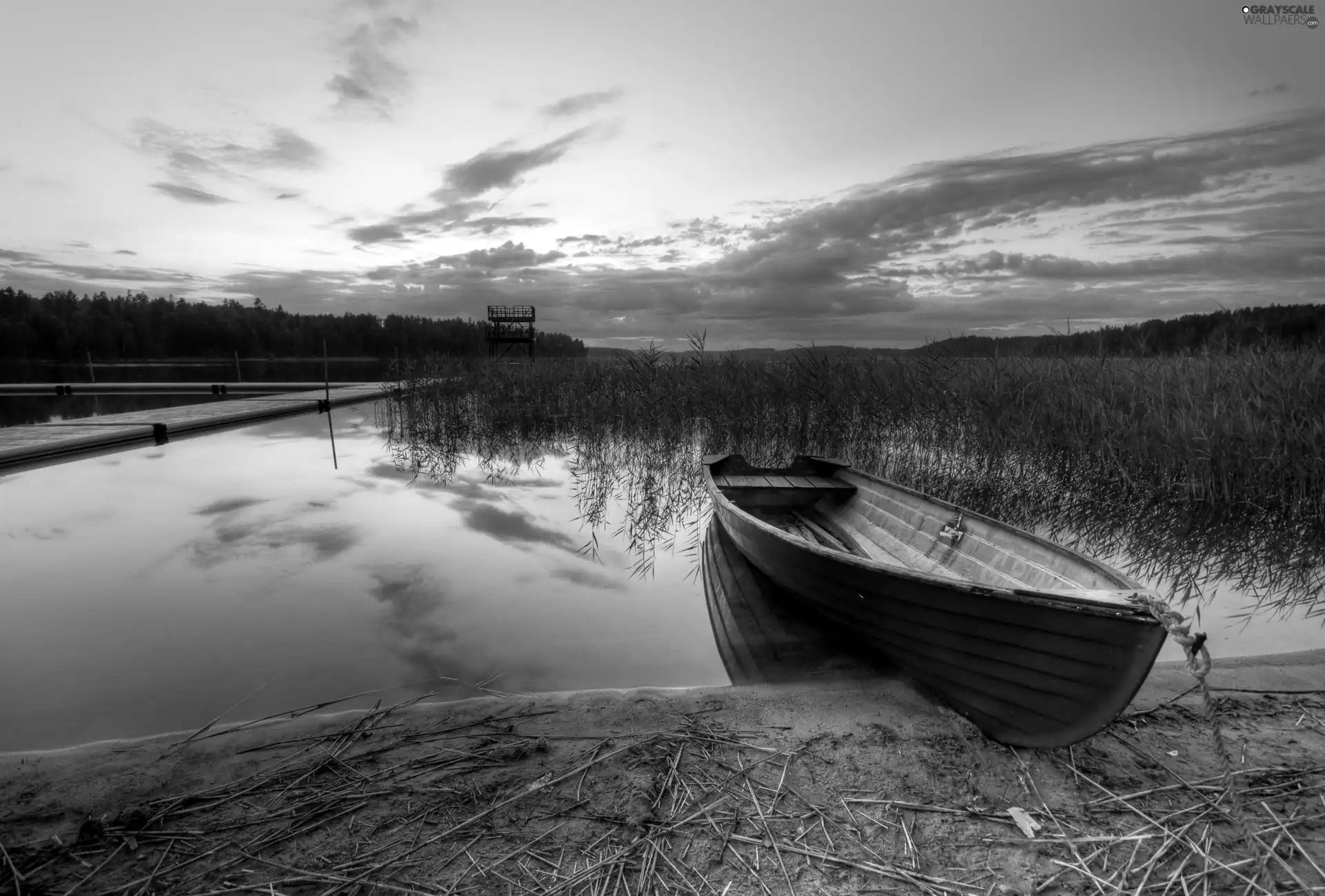 Boat, grass, clouds, lake