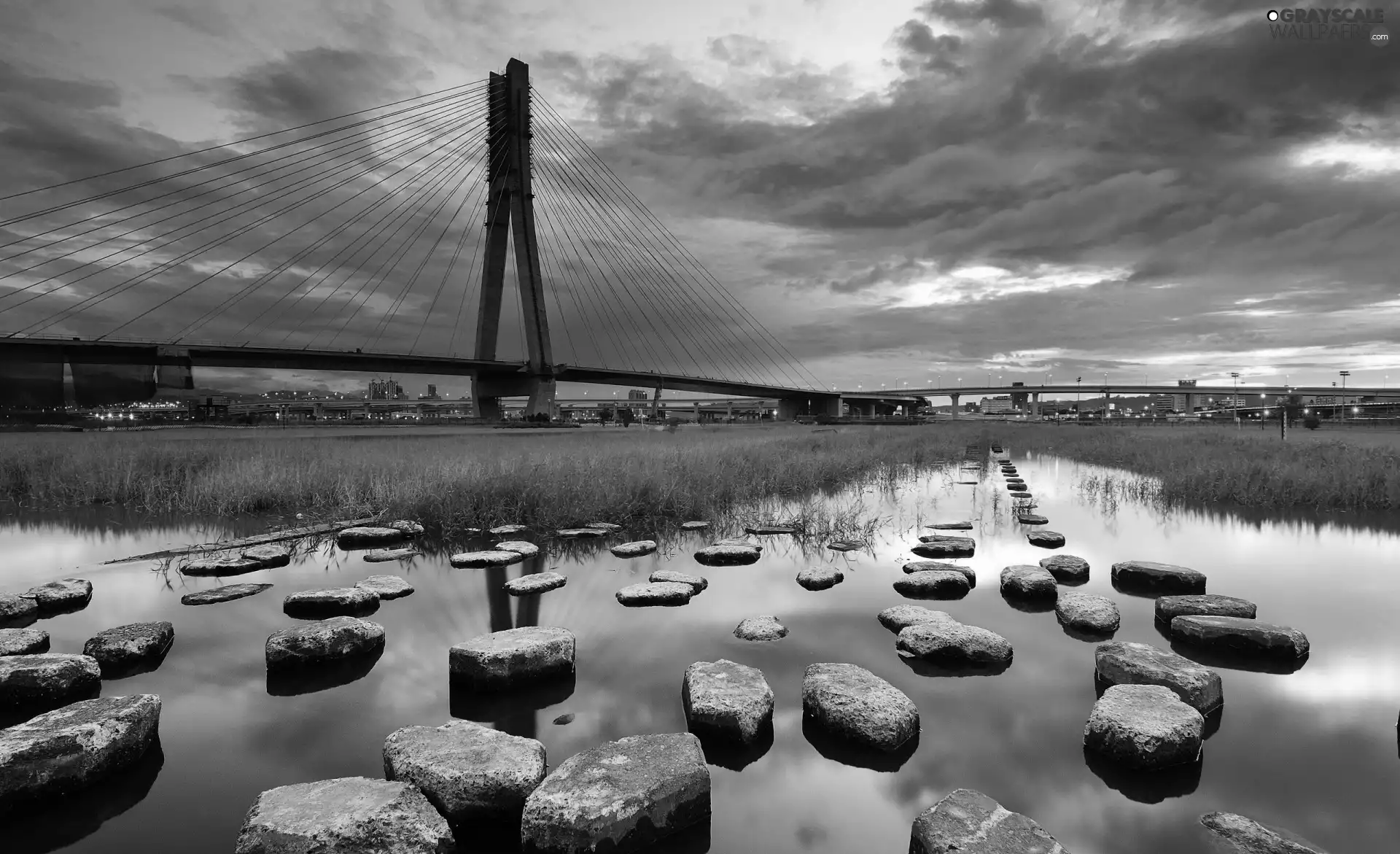 bridge, Stones, clouds, water