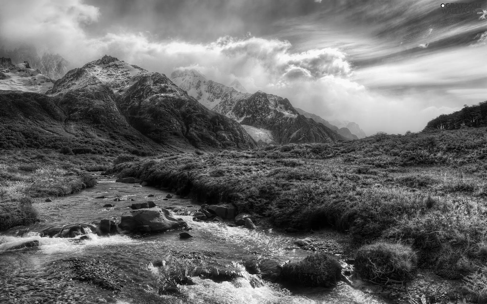 clouds, Mountains, brook