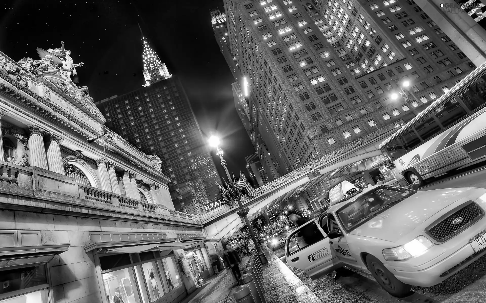 skyscrapers, York, Street, night, New, clouds, Cab