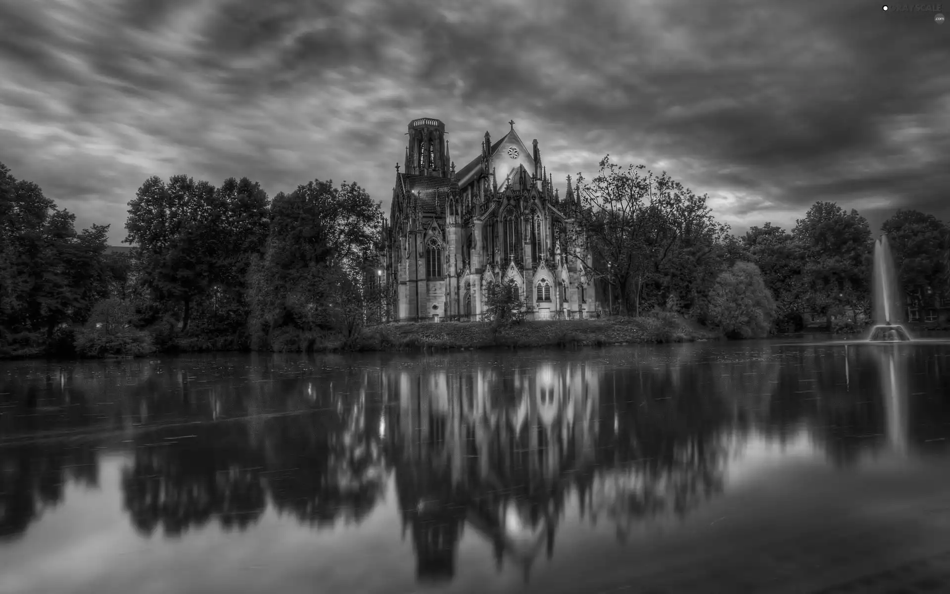 Castle, lake, clouds, fountain