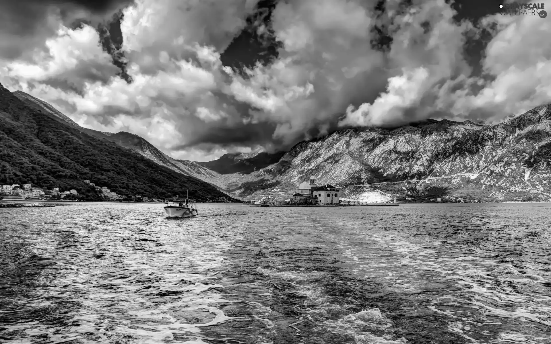 clouds, Church, Mountains, bath-tub, lake