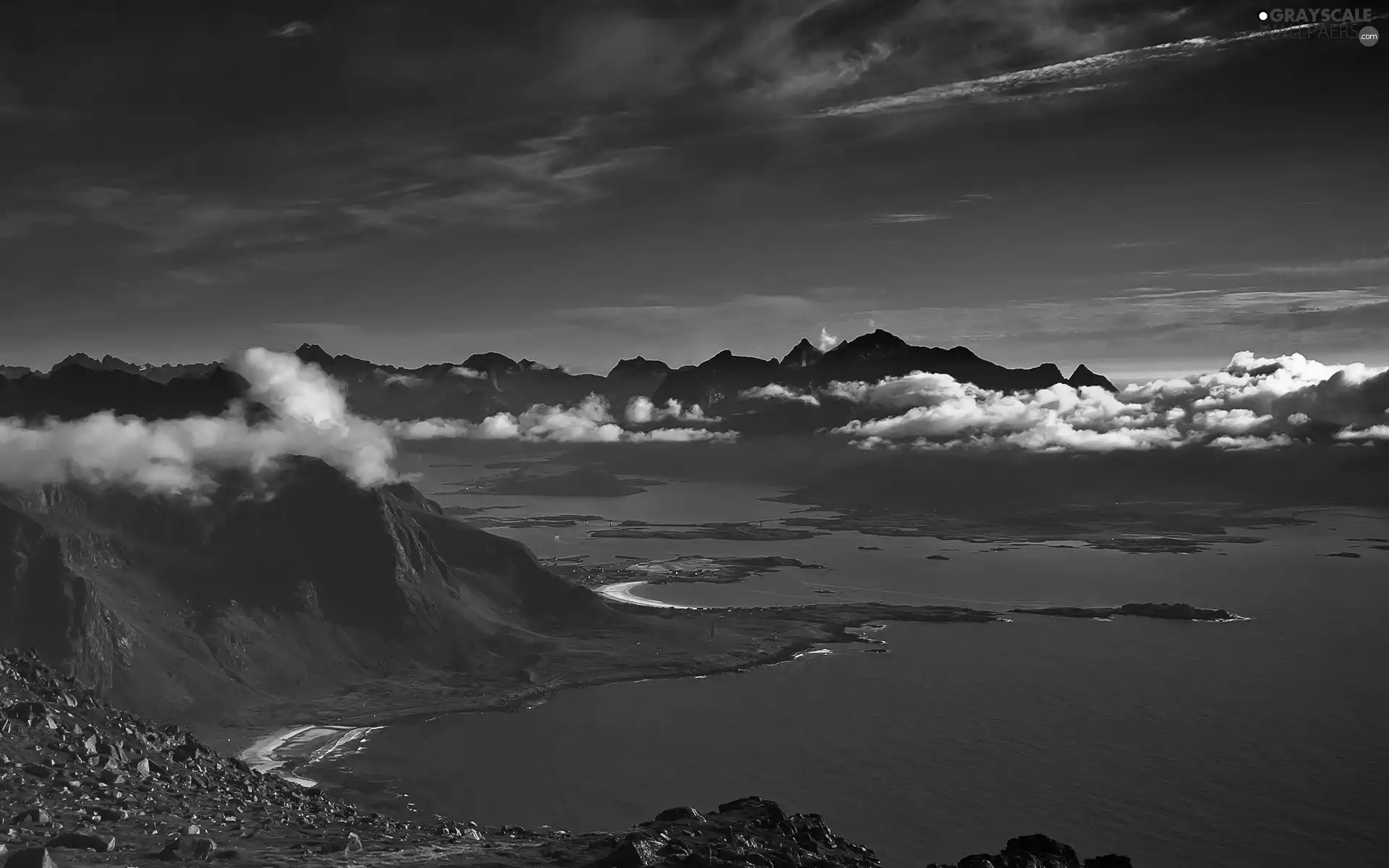 clouds, lakes, Cliffs