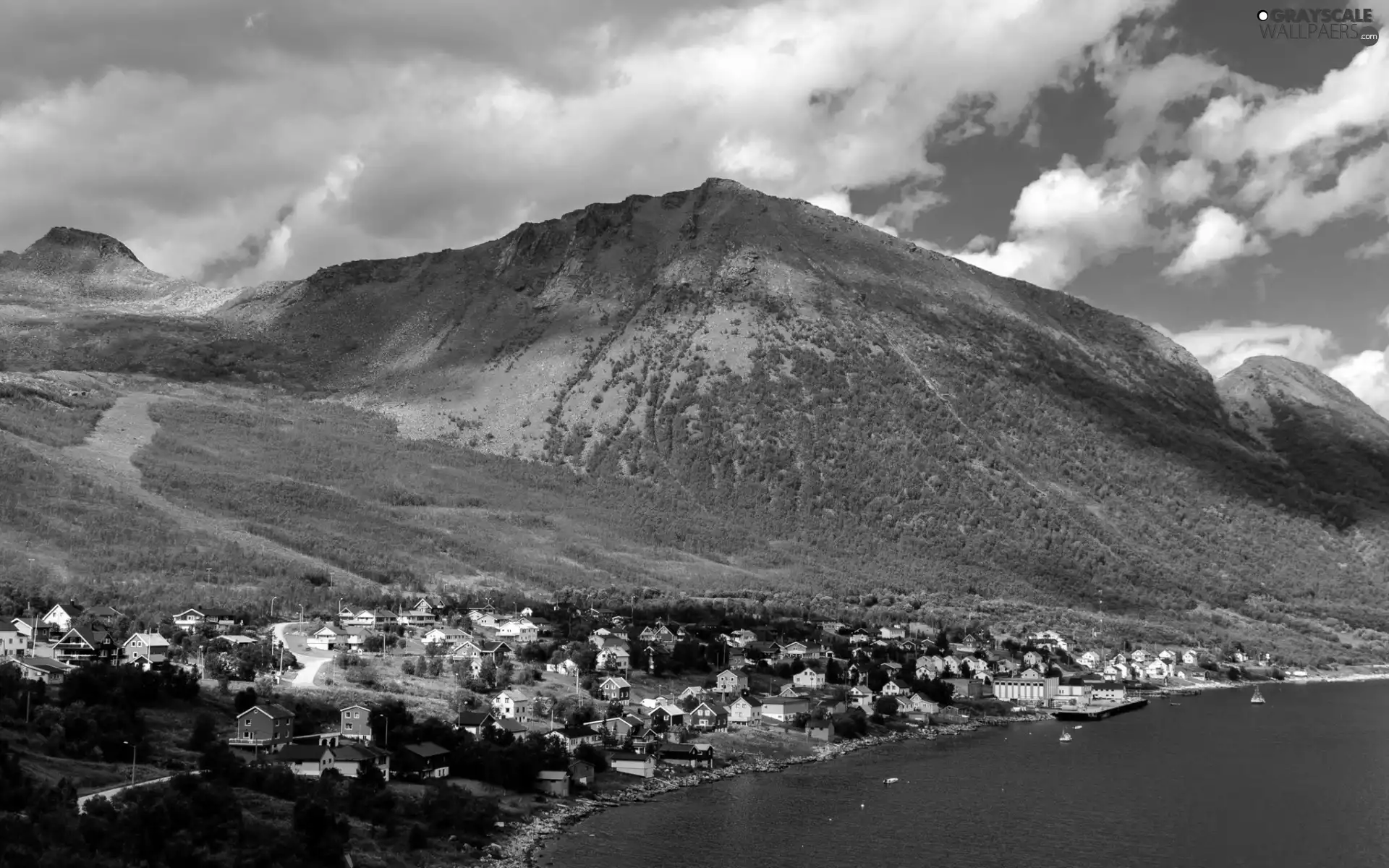 Coast, Mountains, clouds, Town