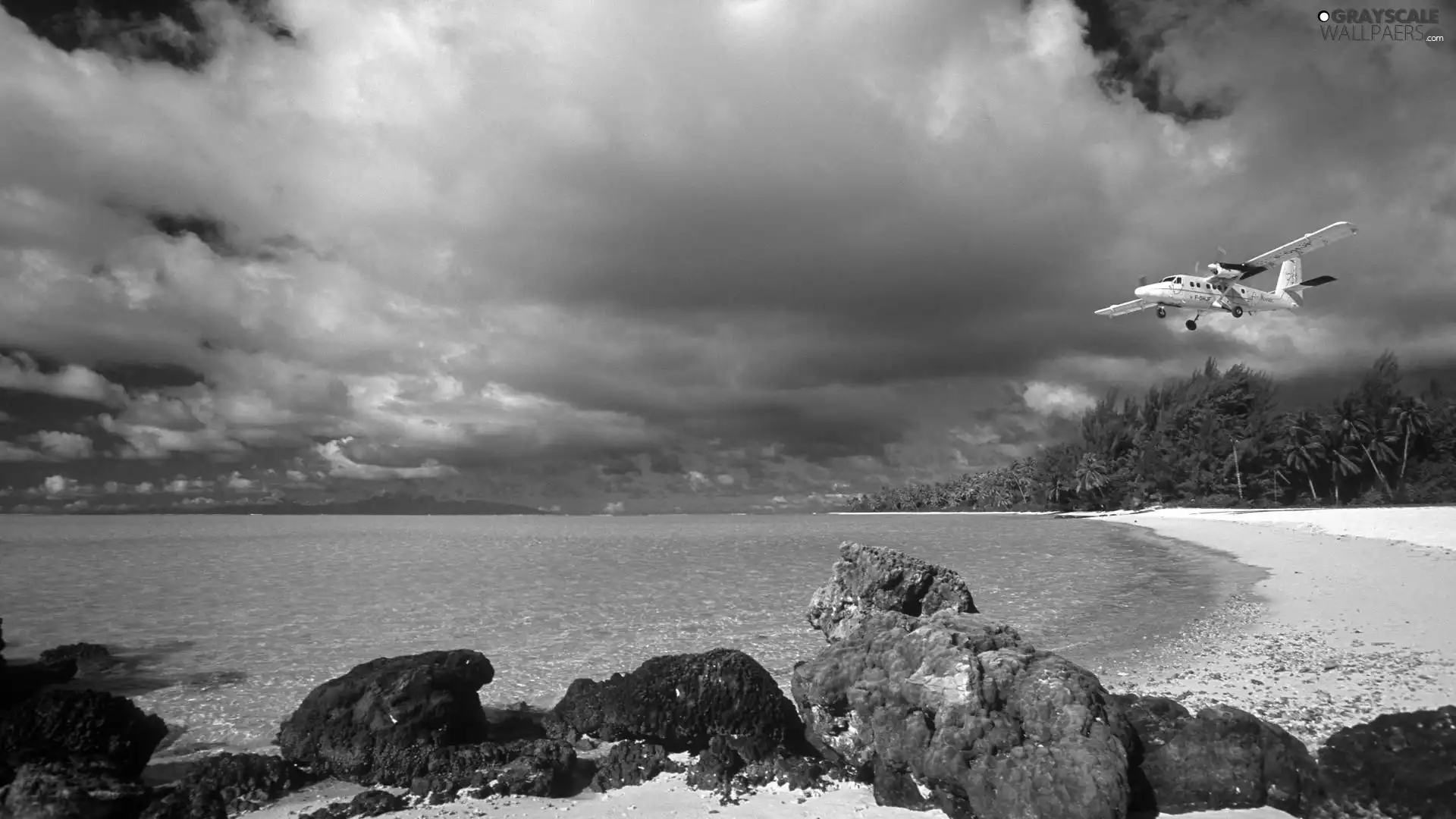 Coast, plane, clouds, rocks