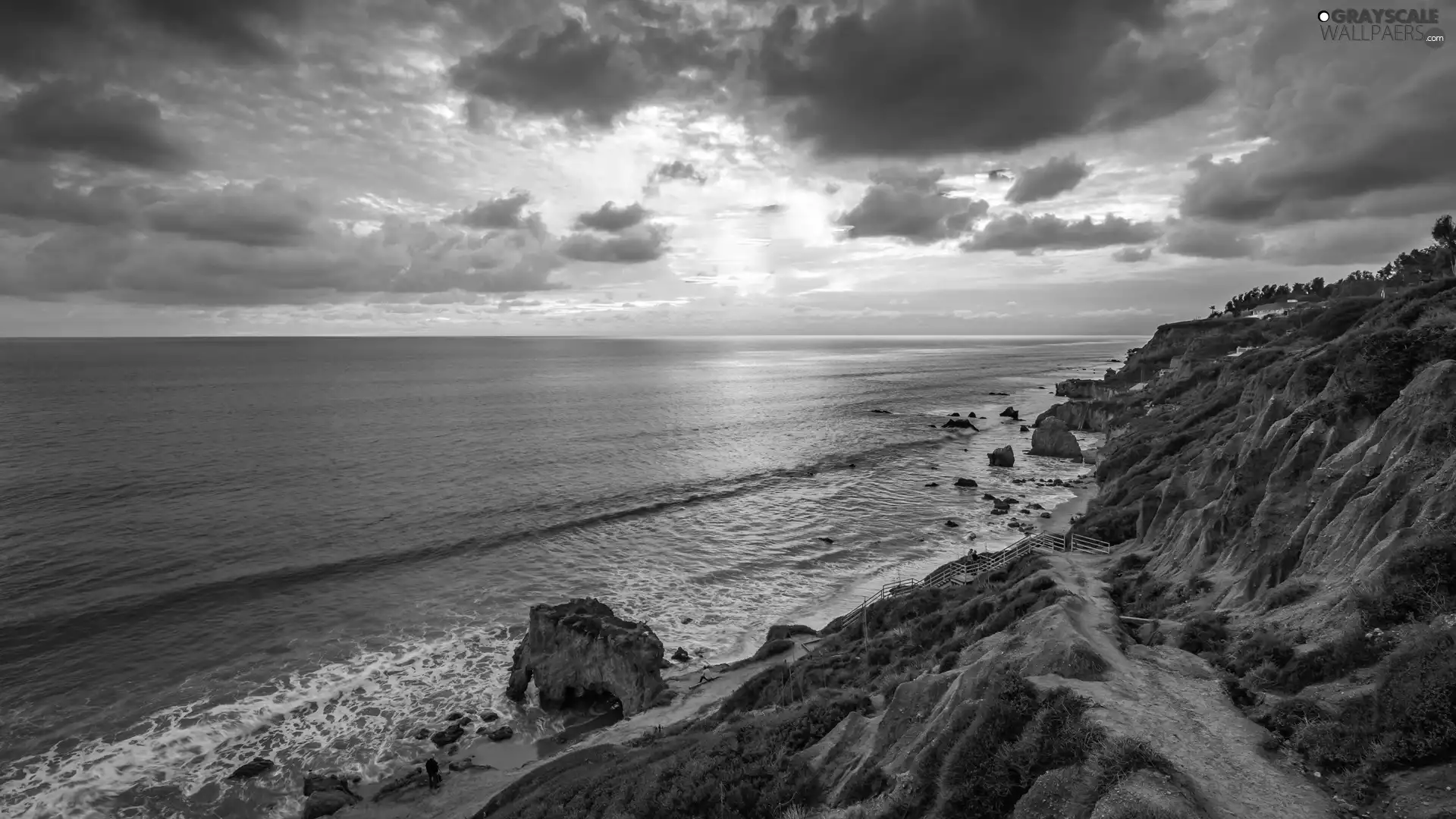 Sunrise, clouds, Coast, rocks, sea