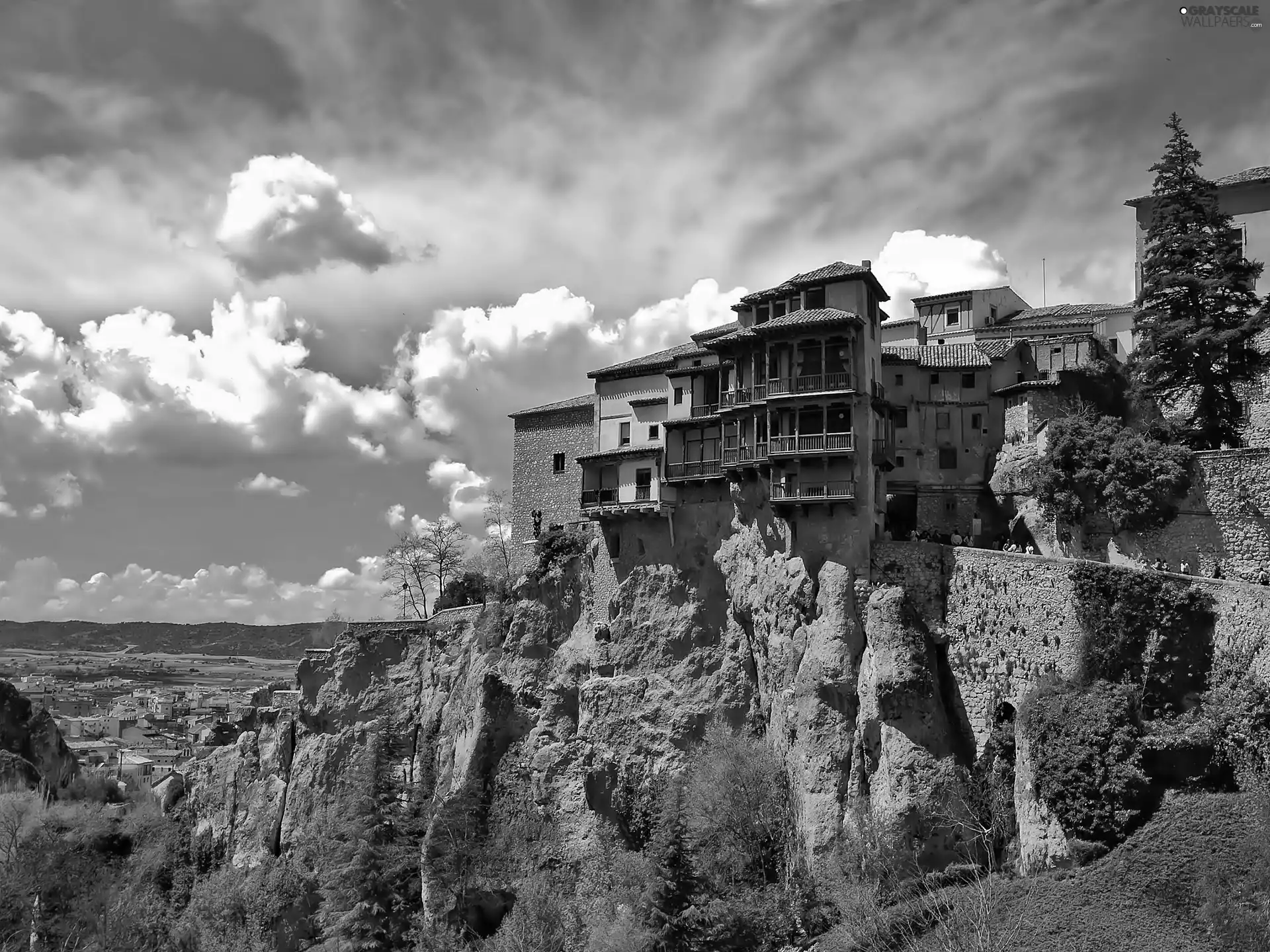 clouds, Cuenca, rocks, VEGETATION, Houses