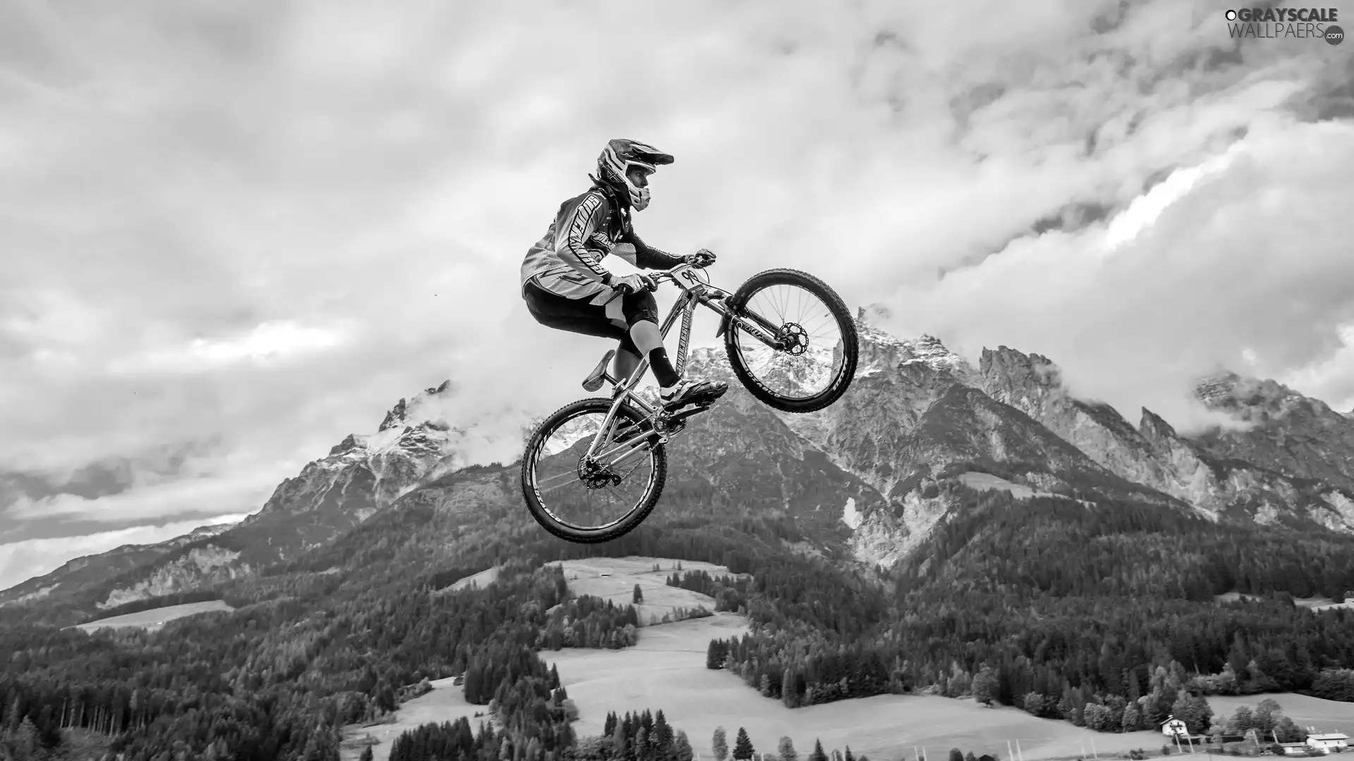 cyclist, woods, clouds, Mountains