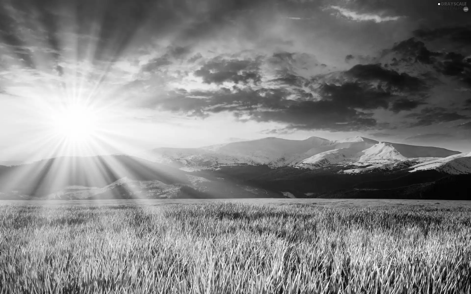 Field, Mountains, clouds, sun