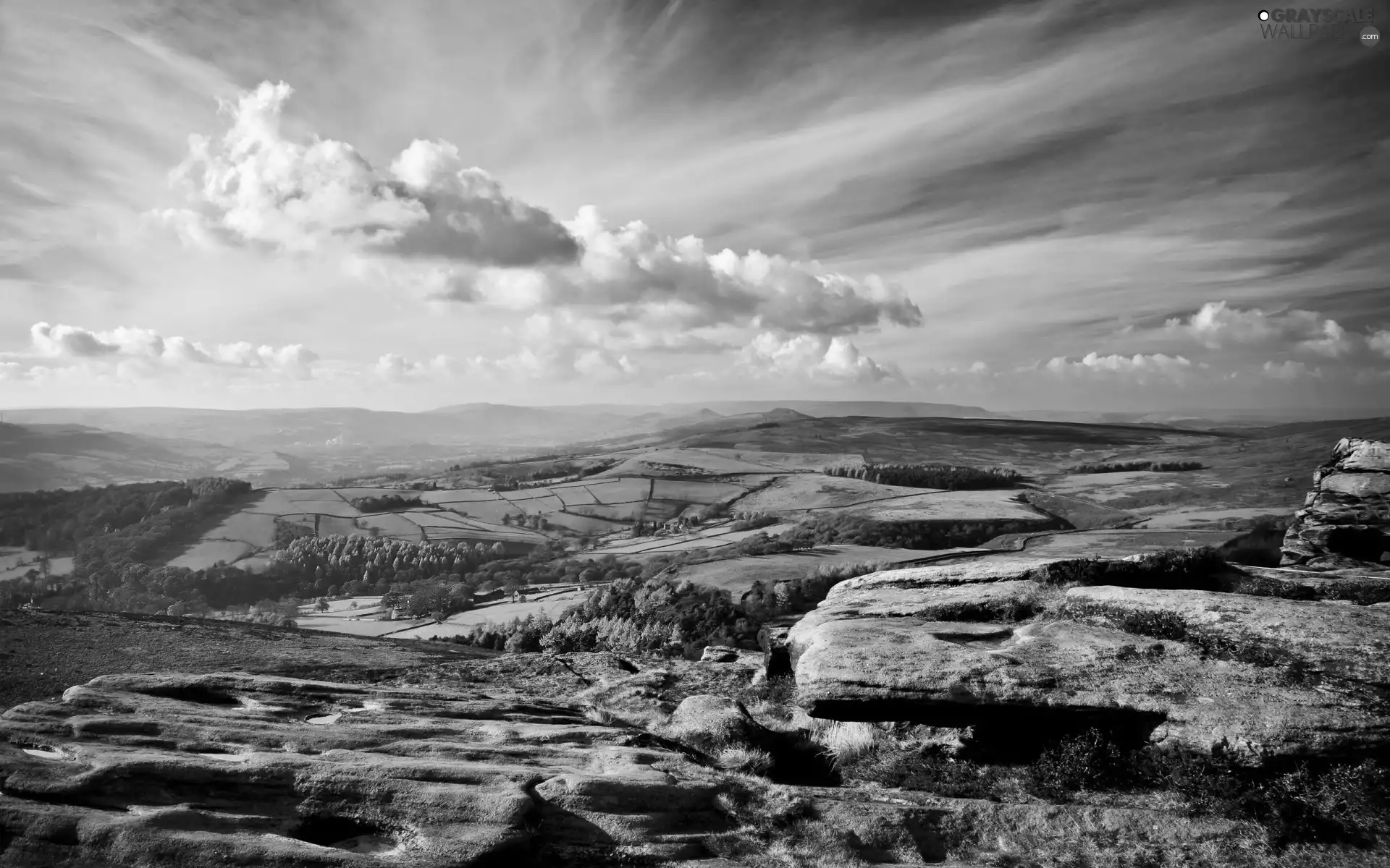 clouds, rocks, field